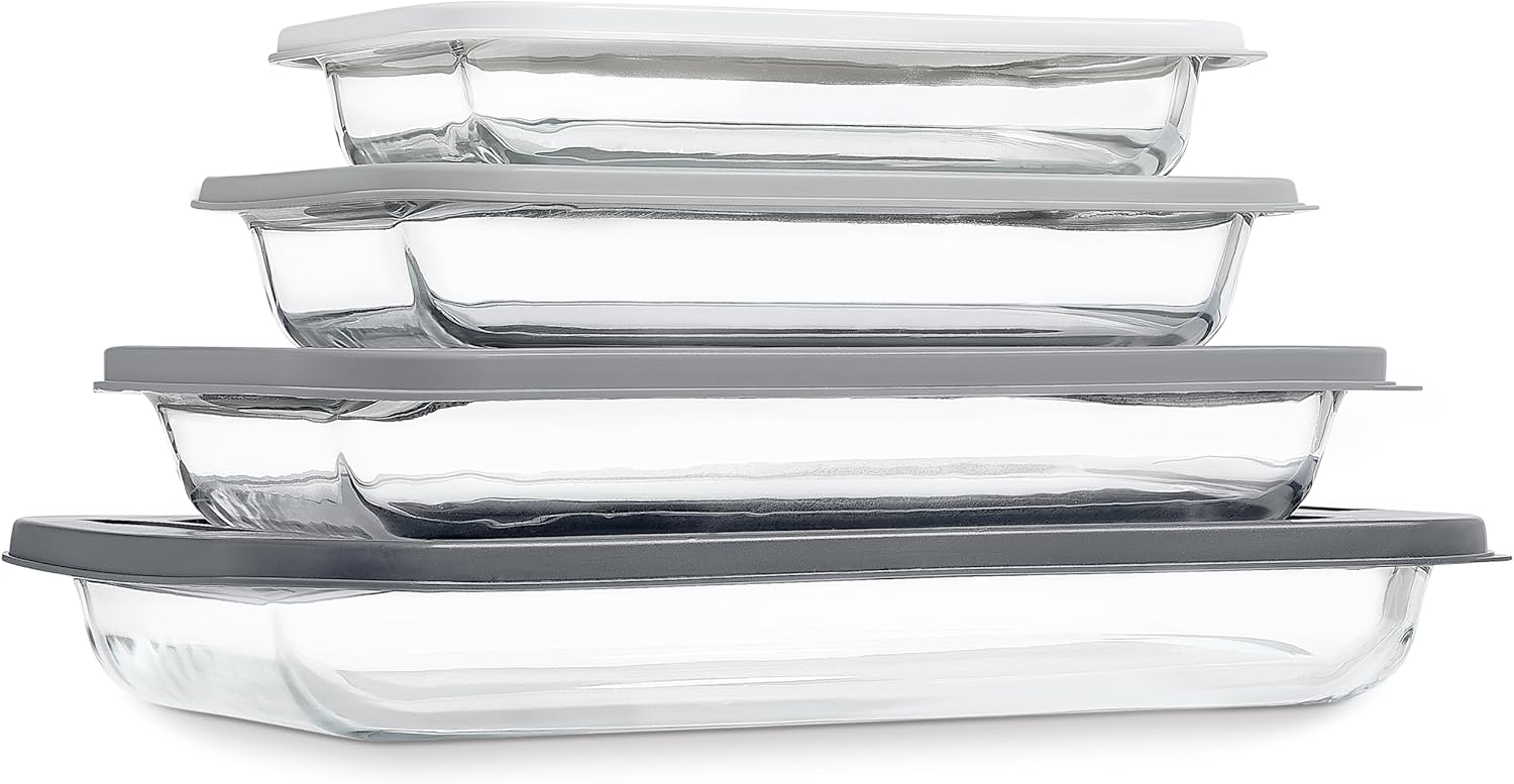COOK WITH COLOR 8-Piece Deep Glass Baking Dish Set with Plastic Lids – Casserole and Food Storage Containers for Lasagna, Leftovers – Freezer-to-Oven, Microwave & Dishwasher Safe, Grey Gray