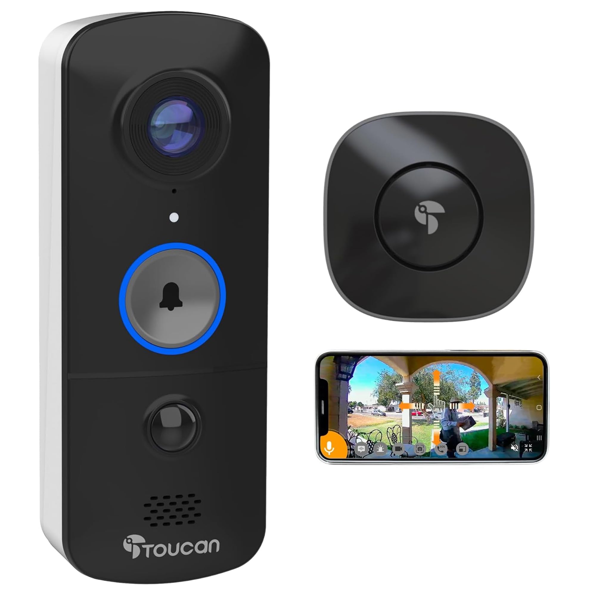 Toucan V3 Kabellose Video-Türklingel inkl. Gong – 1080p Sicherheitskamera mit 180° Sichtfeld, Bewegungserkennung, 2-Wege-Audio, langlebigem Akku und kostenlosem Cloud-Speicher, kein ABO erforderlich