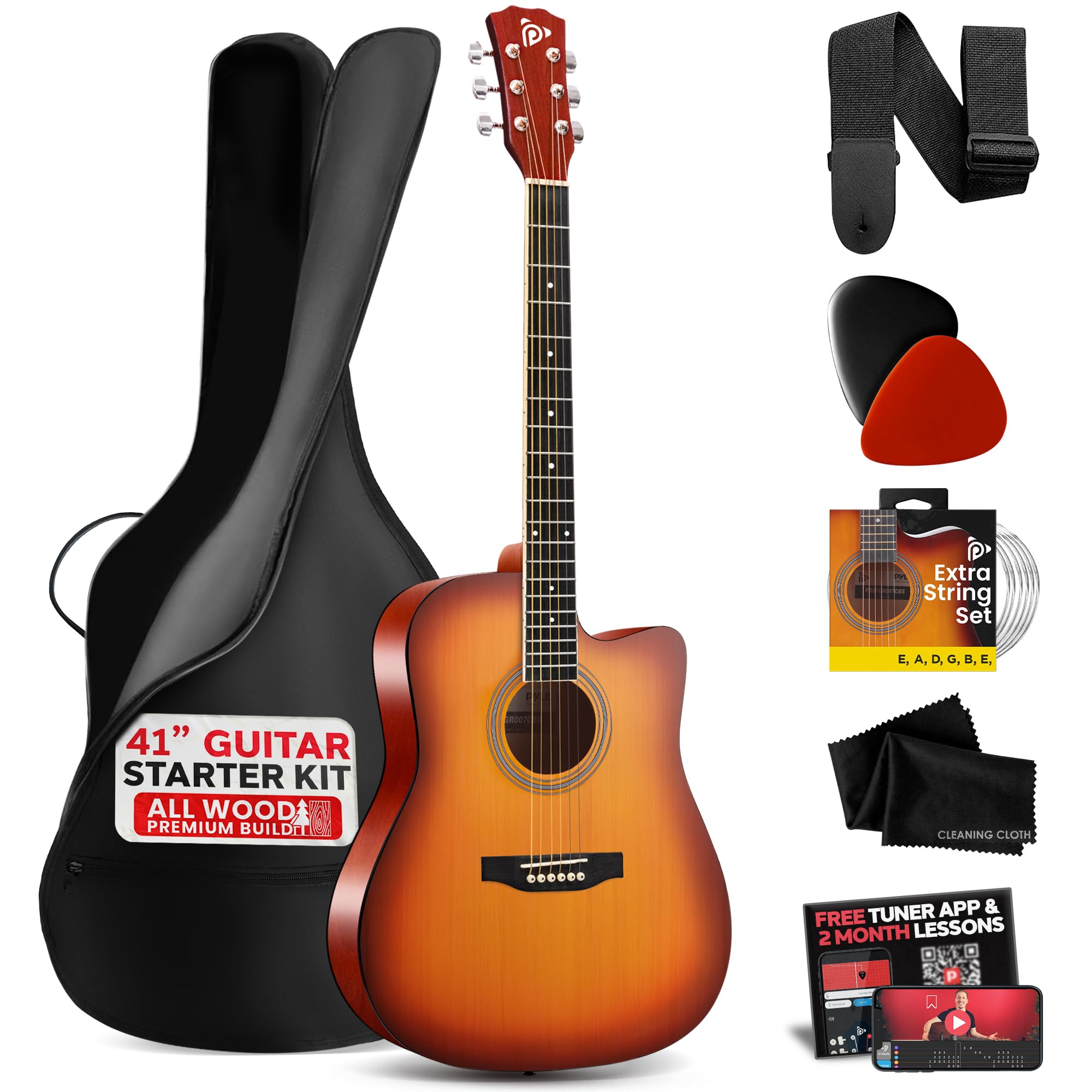 Pyle Steel String Acoustic Guitar Kit, 4/4 Full Size Cutaway All-Wood Guitarra Acustica with Premium Accessory Set and Upgraded Gig Bag, 41" Cherry Burst Glossy