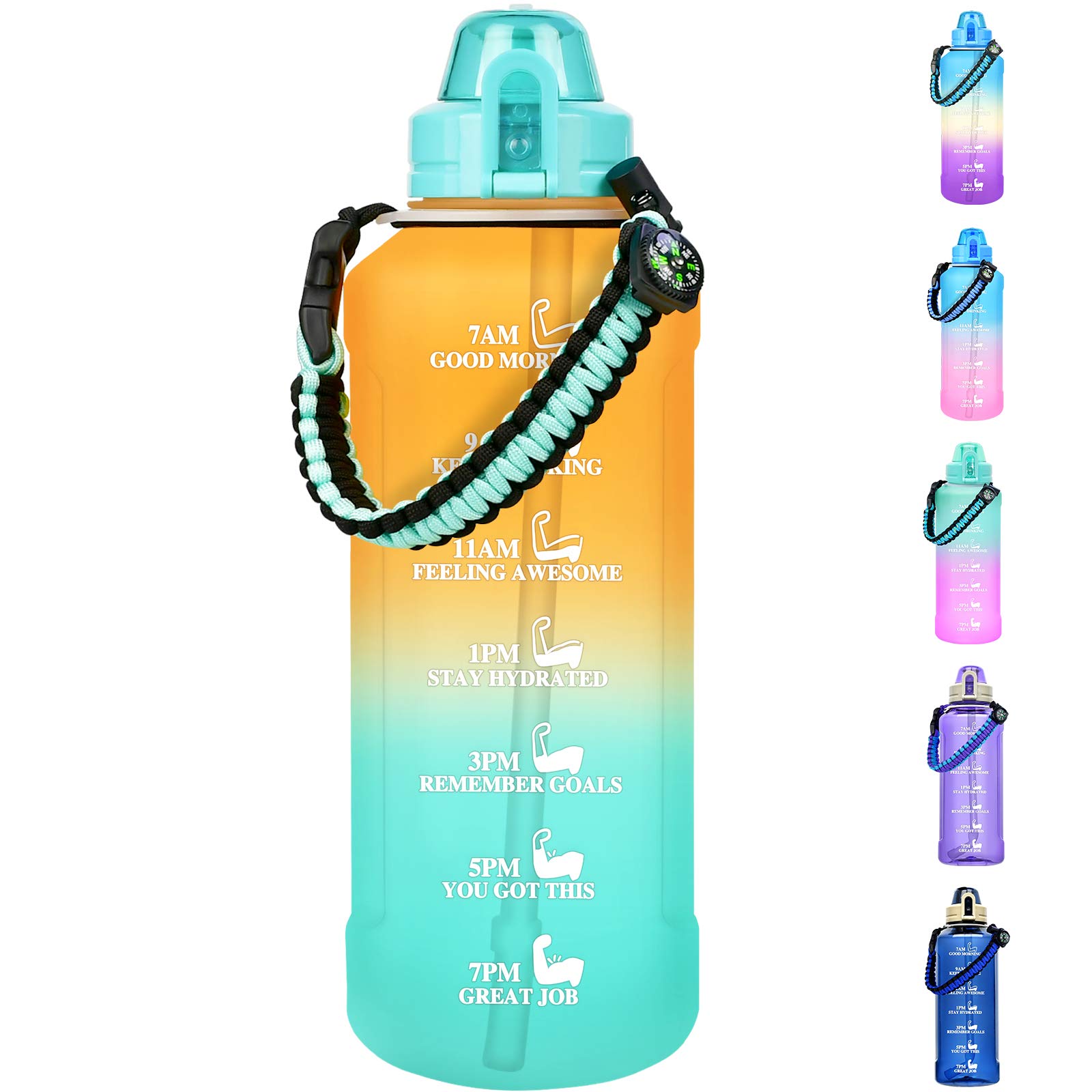 64 OZ Water Bottle Large Half Gallon Water Bottle with Straw, Motivational Water Bottles with Time Marker, Leakproof Tritan Bpa Free Water Jug with Paracord Handle for Fitness,Gym and Outdoor Sports