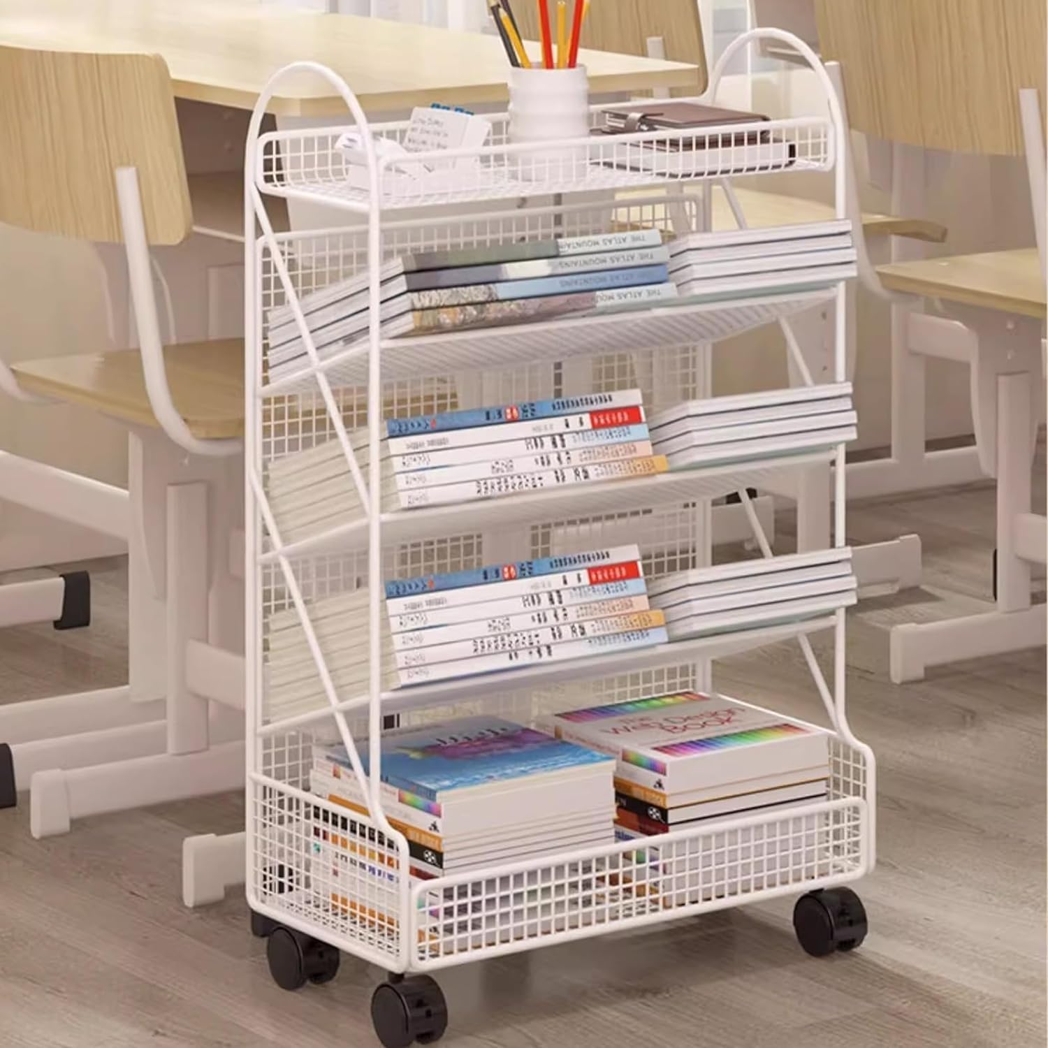 PEYNIR Libreria semplice Carrello per libreria mobile Scaffali per libri mobili con rotelle con serratura Carrello per libreria unico con cestello portaoggetti laterale