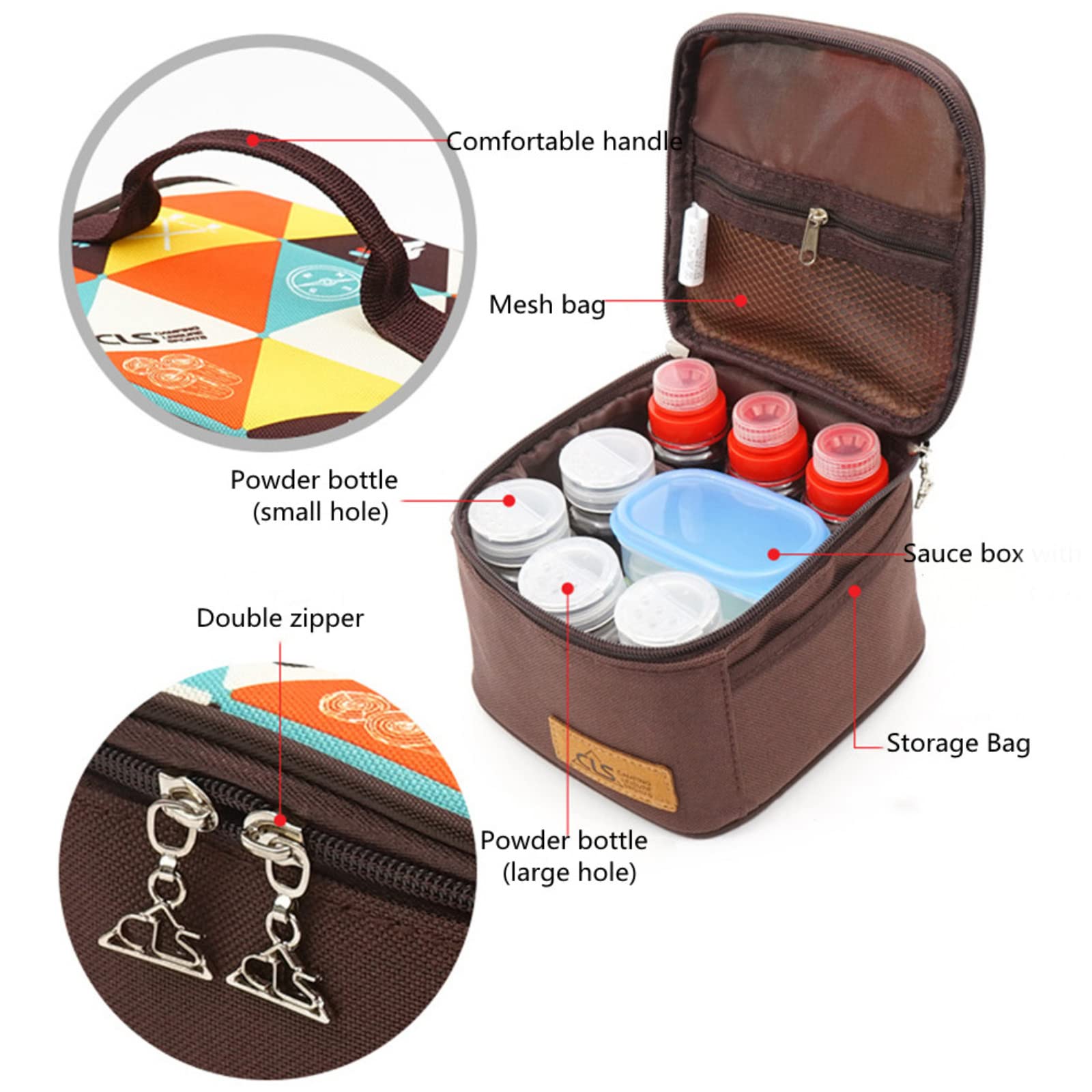 Joyeee Kit de recipientes de especias de viaje, 3 botellas de especias líquidas, 3 botellas de salsa, 4 cajas de especias con cuchara pequeña, bolsa de almacenamiento para camping barbacoa