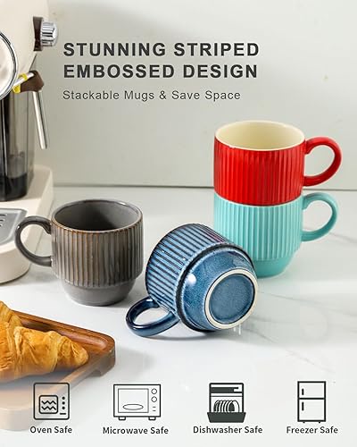 Vista 25 de Hasense Juego de 4 tazas de café de cerámica con soporte, 15 onzas, apilables, grandes, de porcelana, acanaladas, para capuchino, té, cacao