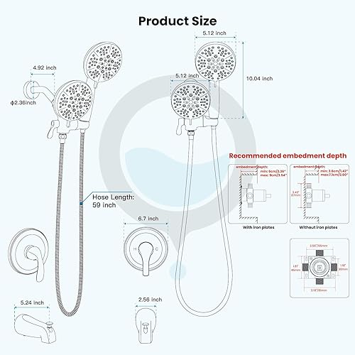 Miniatura 7 de gotonovo Juego de grifo de ducha 2 en 1, cabezal de ducha doble y mango con boquilla de bañera, 6 ajustes, cabezal de ducha de mano y kit de
