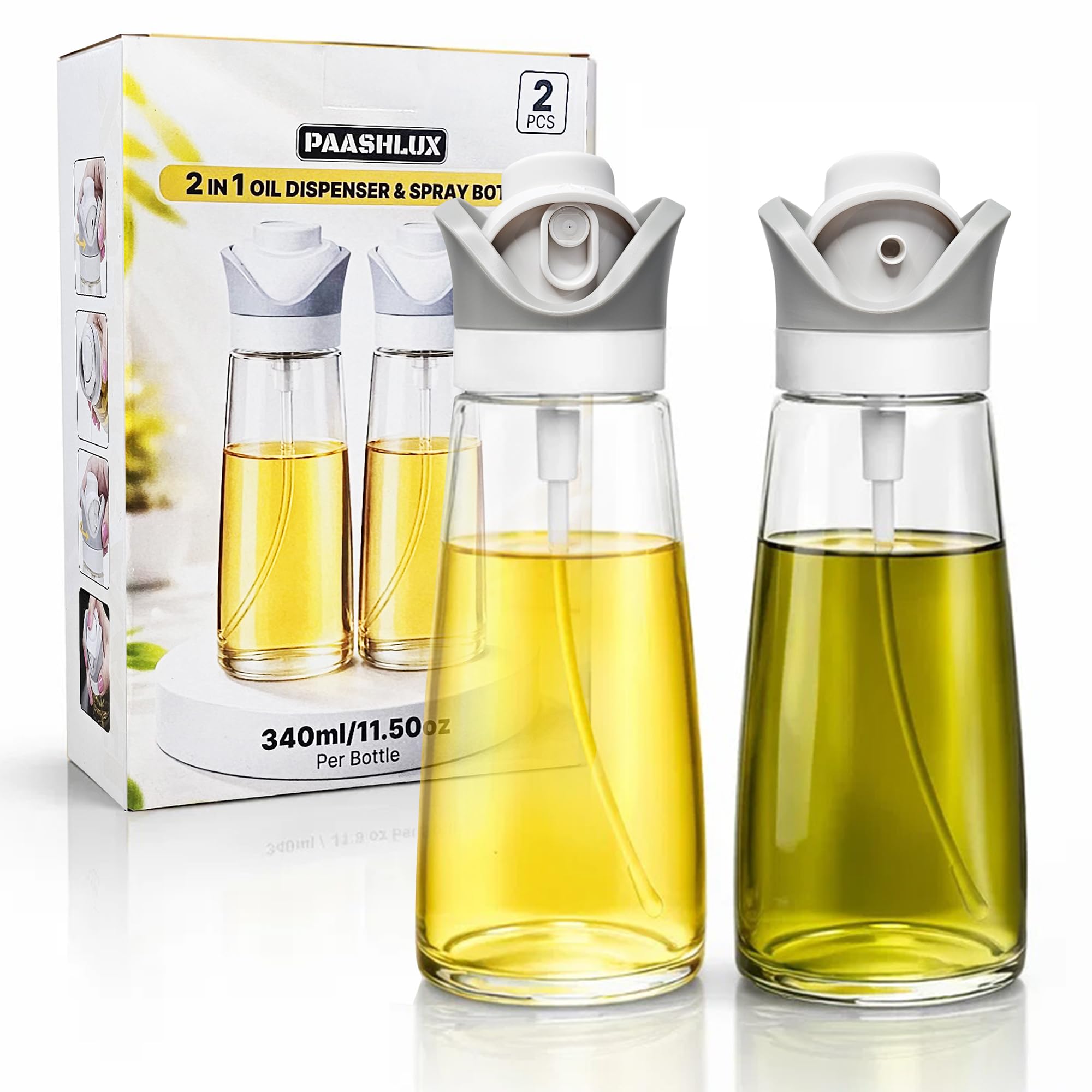 Dispensador de aceite 2 en 1 y botellas en aerosol, pulverizador de aceite de oliva de vidrio para cocinar, hornear, freidora de aire, ensalada y barbacoa, vertido controlado y pulverizador