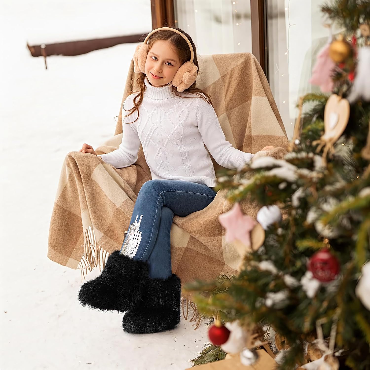MK MATT KEELY Girls Furry Faux Snow Boots Kids Fuzzy Fluffy Winter Mid-Calf Boots Warm Plush Lined Outdoor Indoor Non-Slip Flat Shoes for Little/Big Kids