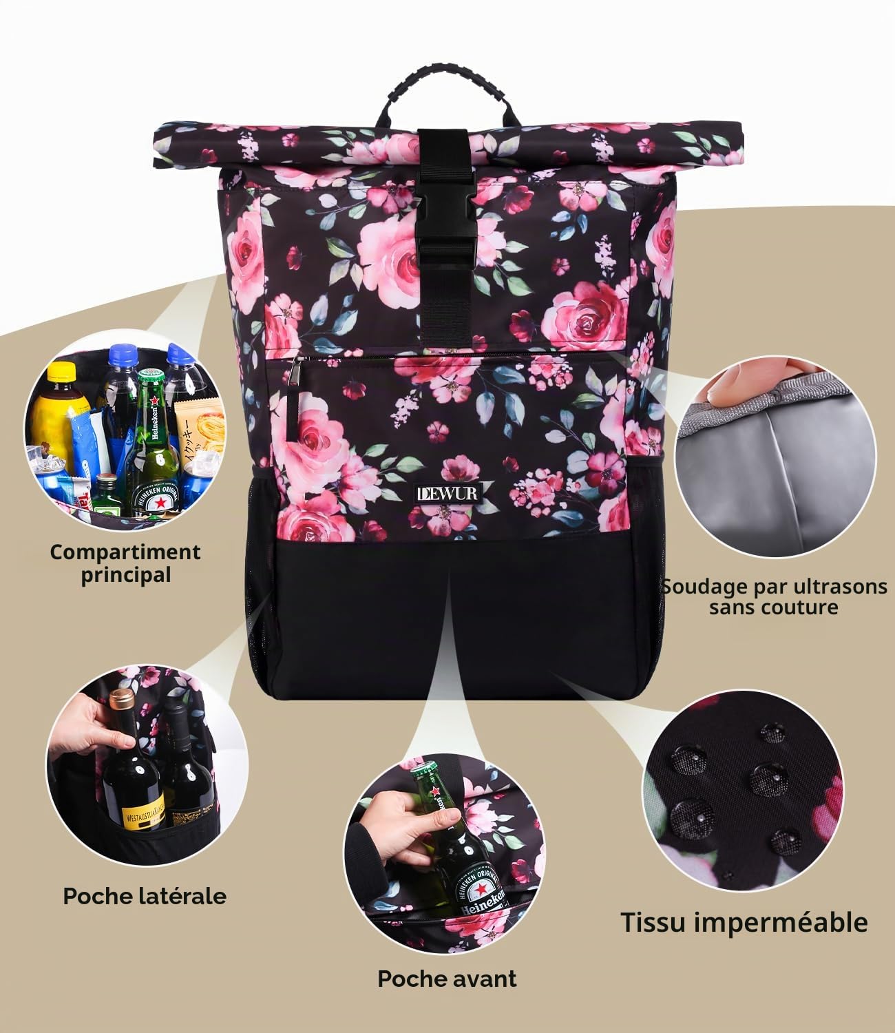 DEWUR Sac à dos isotherme de 35 l - Imperméable - Avec décapsuleur - Pour pique-nique, camping, plage, randonnée, voyage, shopping