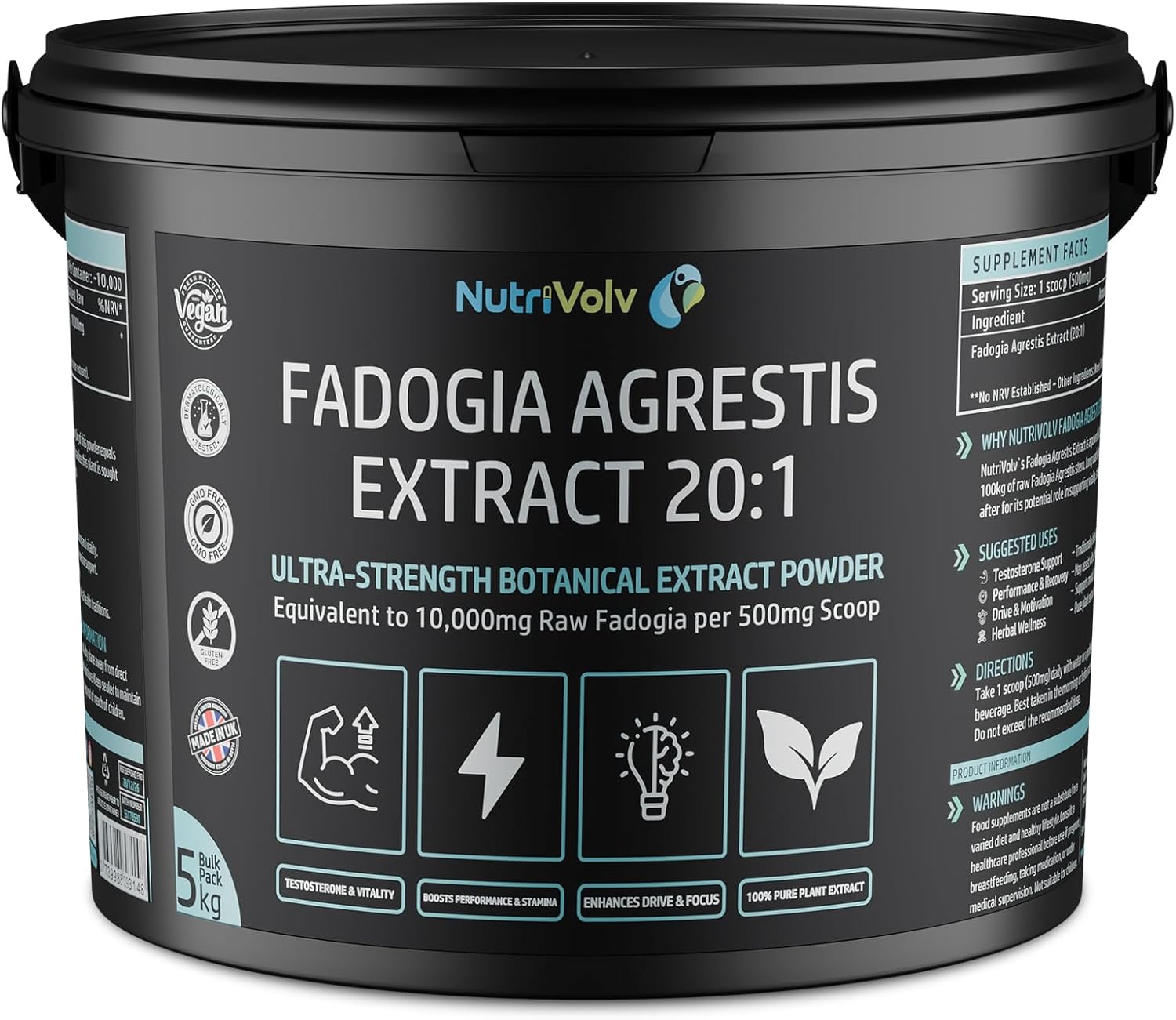Fadogia Agrestis 20:1 Extract Powder | 5kg Bulk Pack | High Strength Botanical Supplement | Testosterone & Vitality Support | Energy, Performance, Stamina, Drive & Focus Booster| by NutriVolv