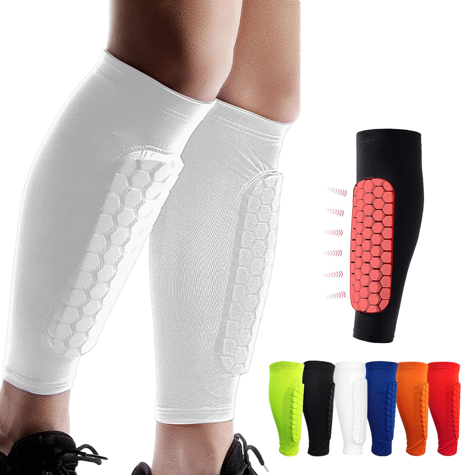 Shindefender Shin Guards Pads, Honeycomb Compression Sleeve Football Shin Guards for Boys, Teenagers and Adults, Soccer Defender Pads with Superior Impact Absorption, Lightweight (White, XS)