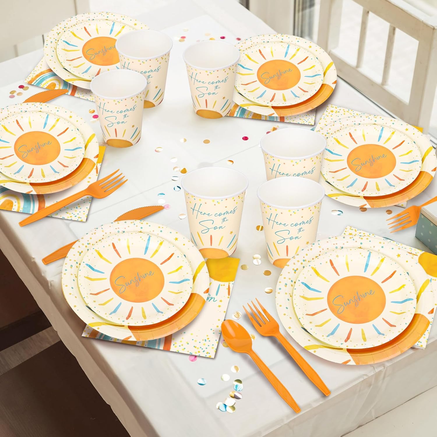 Whaline 168Pcs Here Comes the Son Baby Shower Decorations Tableware Set Boho Sun Dinnerware Retro Sunshine Disposable Plates Napkins Cups and Cutlery for 24 Guest Birthday Party Supplies