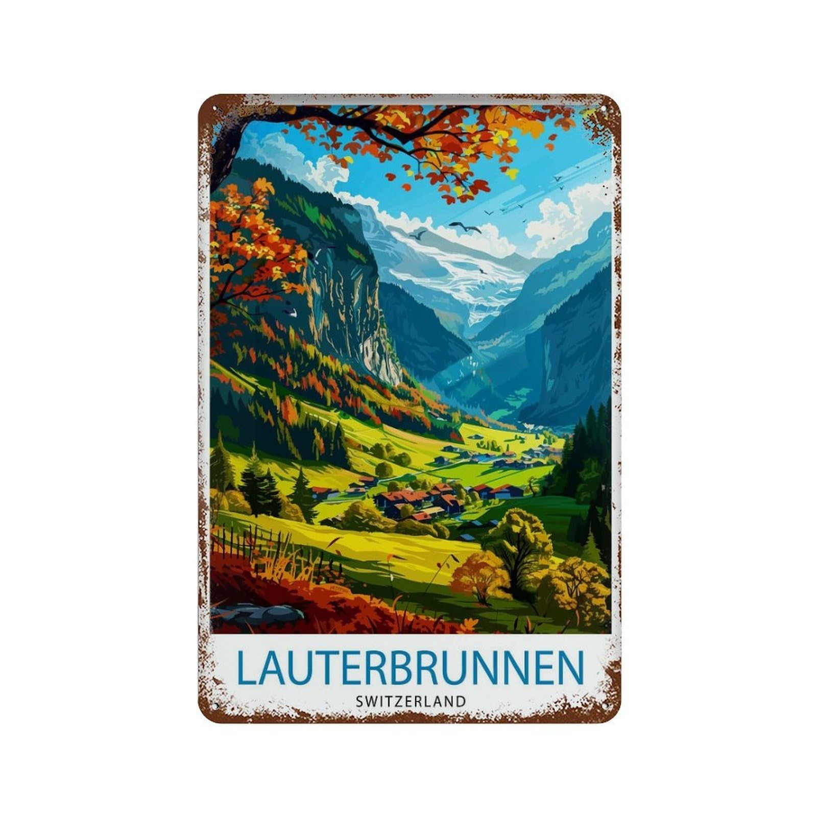 xiaoxiaoshen Lauterbrunnen Switzerland Alpine Valley Swiss Waterfall Mountain Village Alps Wall Decor Art Metal Tin Poster Modern Home Decor Art Home Bar Shop Decorations Vintage Sign 30x20cm