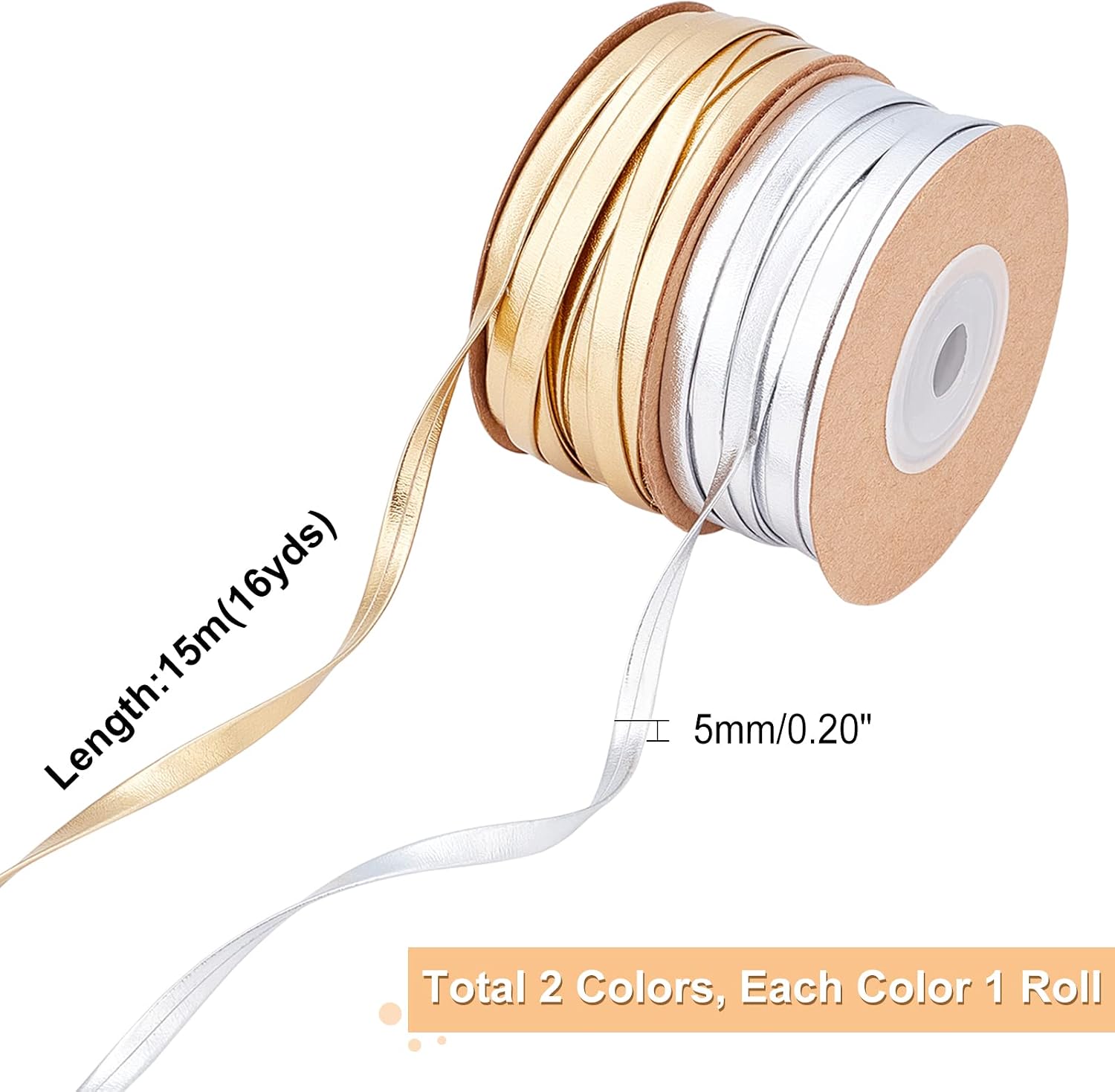 PH PandaHall Metallic Gold Silver Piping Trim, 32.8 Yards 1/4" Satin Double Fold Bias Tape Decorative Edging Braid Trim forGift Wrap Bouquet Garment Sewing Seaming Binding Quilting, 2 Rolls