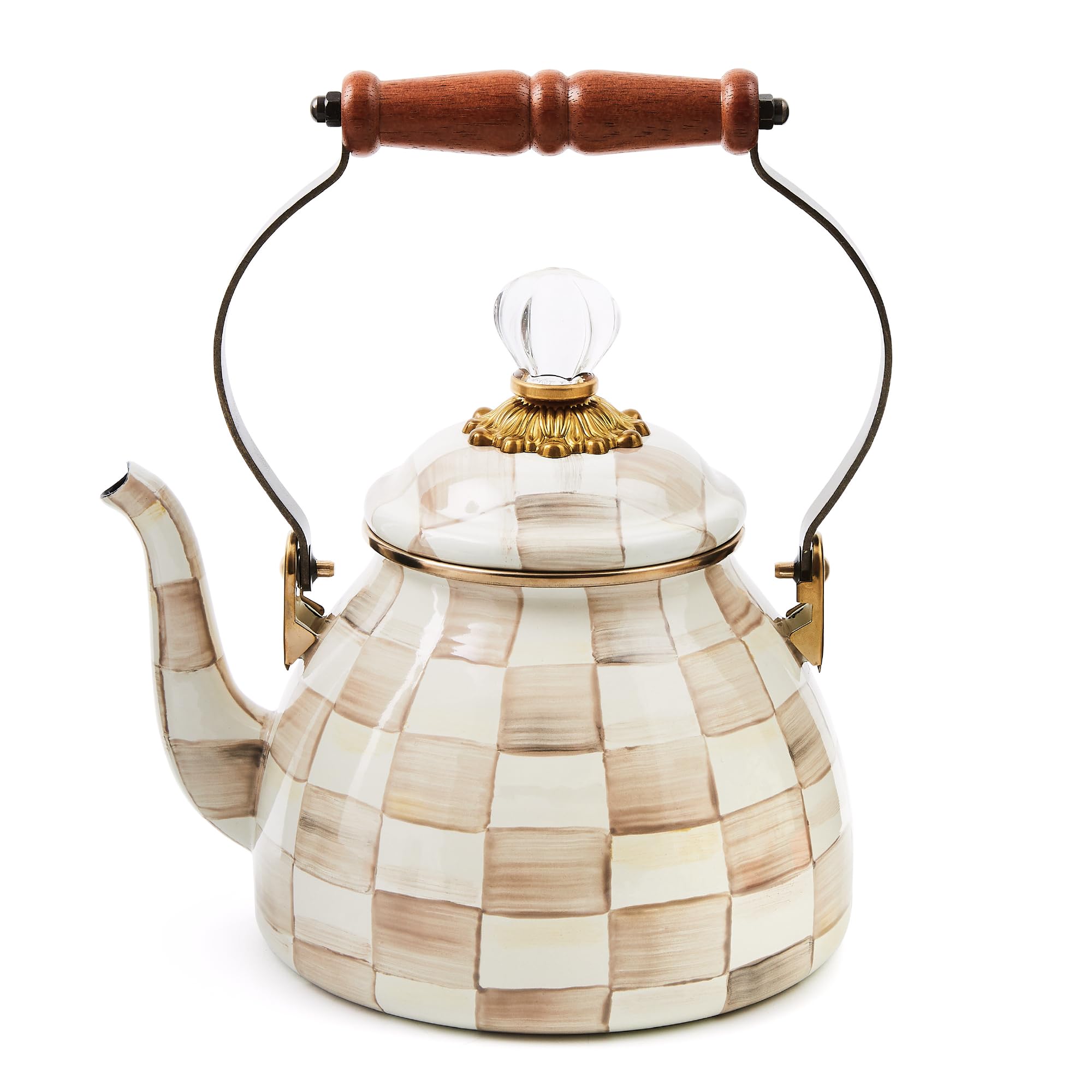 Enamel Tea Kettle, Stylish Tea Kettle for Stovetop, Brown-and-White Mocha Check, 2 Quarts