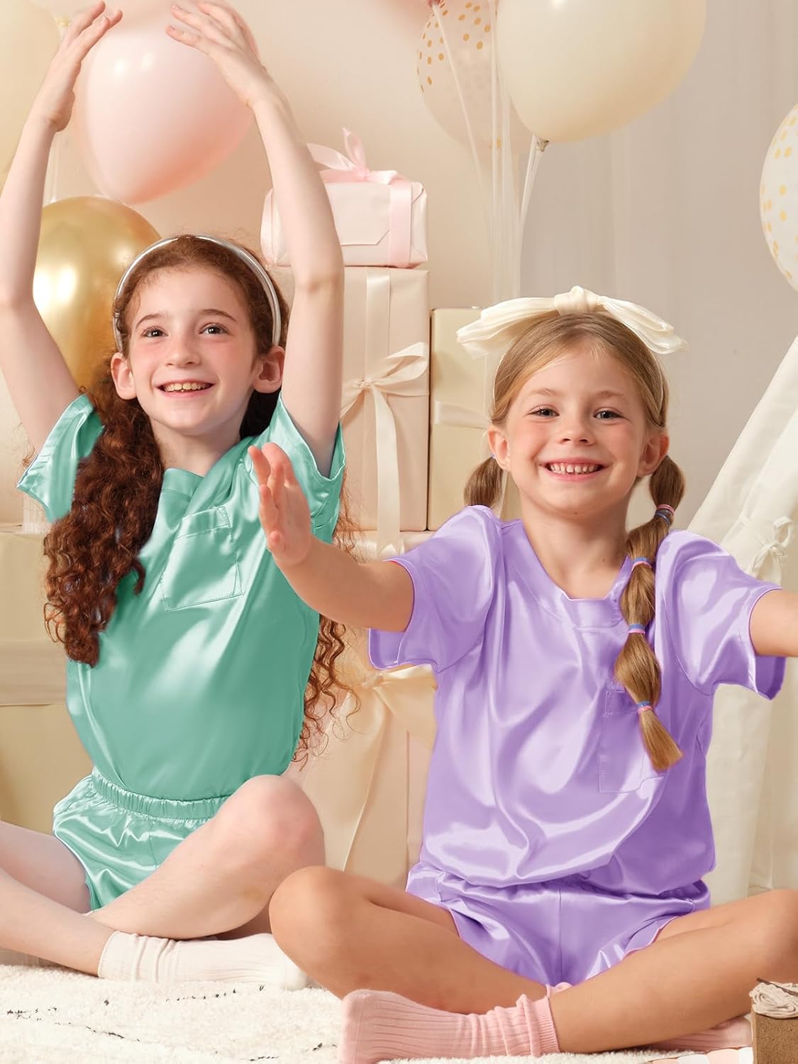 Petite&Me Silk Girls Pajamas Soft T-Shirt Flowy Shorts Flora Party Sleepwear Set for Kids/Teens - Image 8