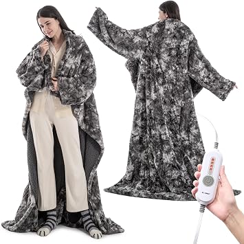WOOMER Wearable Heated Blanket 5070, Soft Faux Fur & Cozy Sherpa Heated Snuggle with Foot Pockets and Sleeves, 4 Heating Levels & 4H Auto Off, ETL Certified, Machine Washable