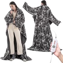WOOMER Wearable Heated Blanket 50&rdquo;&times;70&ldquo;, Soft Faux Fur & Cozy Sherpa Heated Snuggle with Foot Pockets and Sleeves, 4 Heating Levels & 4H Auto Off, ETL Certified, Machine Washable