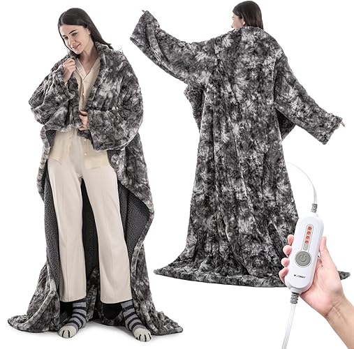WOOMER Wearable Heated Blanket 50”×70“, Soft Faux Fur & Cozy Sherpa Electric Blanket with Foot Pockets and Sleeves, 4 Heating Levels & 4H Auto Off, ETL Certified, Machine Washable - Marble Grey With Sleeves - 50" x 70" Heated Snuggle Blanket