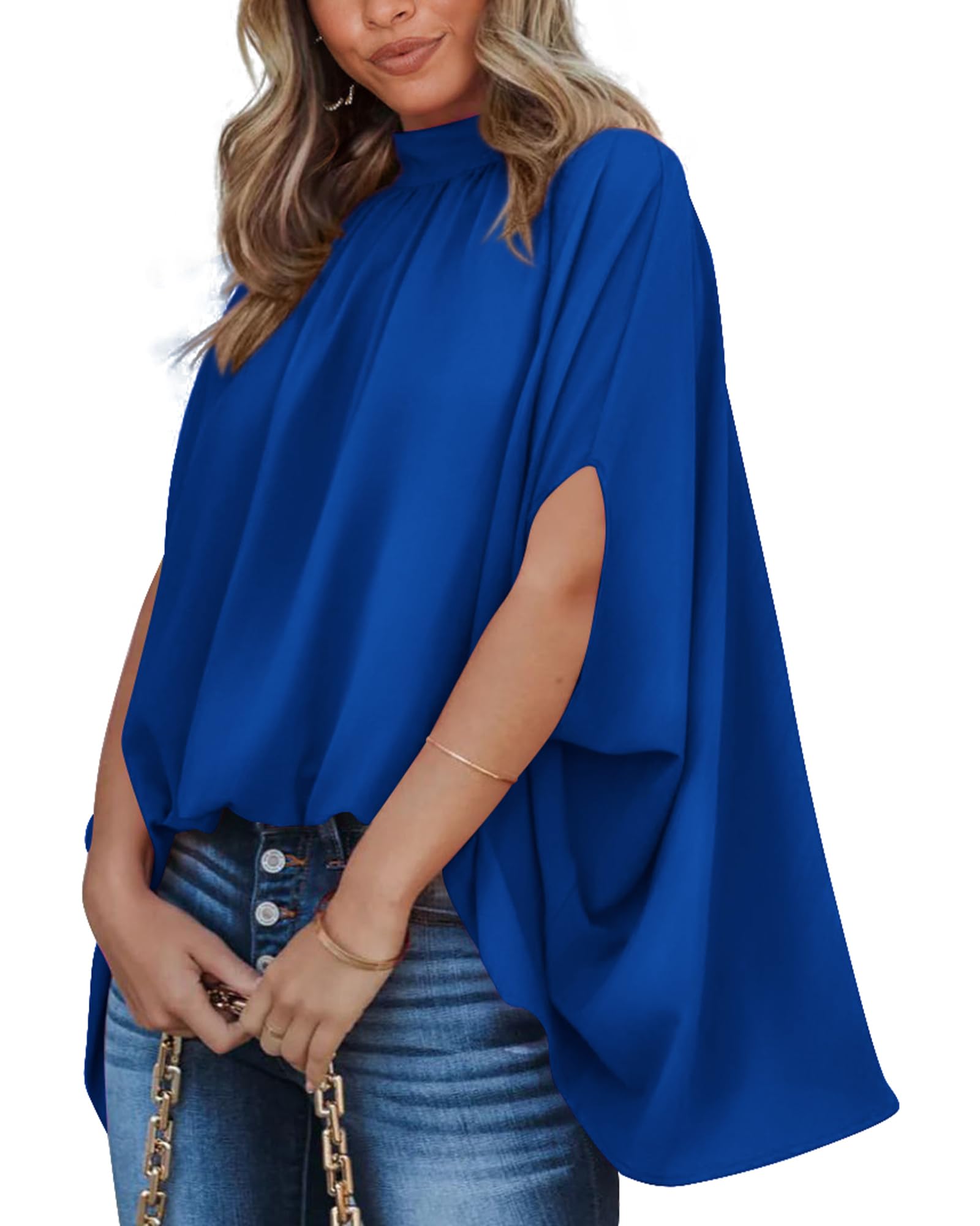 BTFBM Women Mock Neck Batwing Short Sleeve Summer Tops 2024 Spring Loose High Low Hem Casual Oversize Blouses Shirts Top