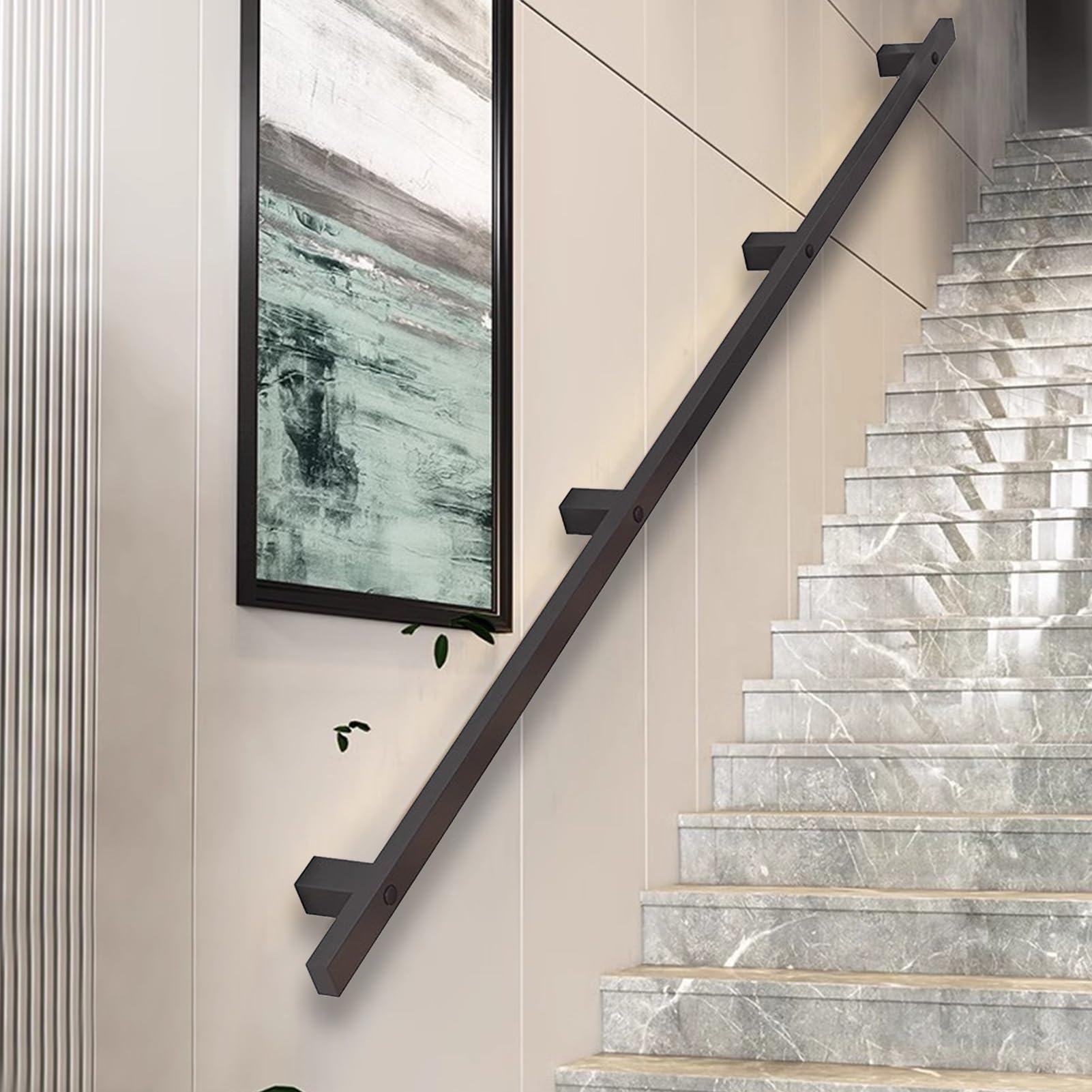 Rampe d'escalier en métal noir 210 cm avec support mural moderne pour intérieur et extérieur