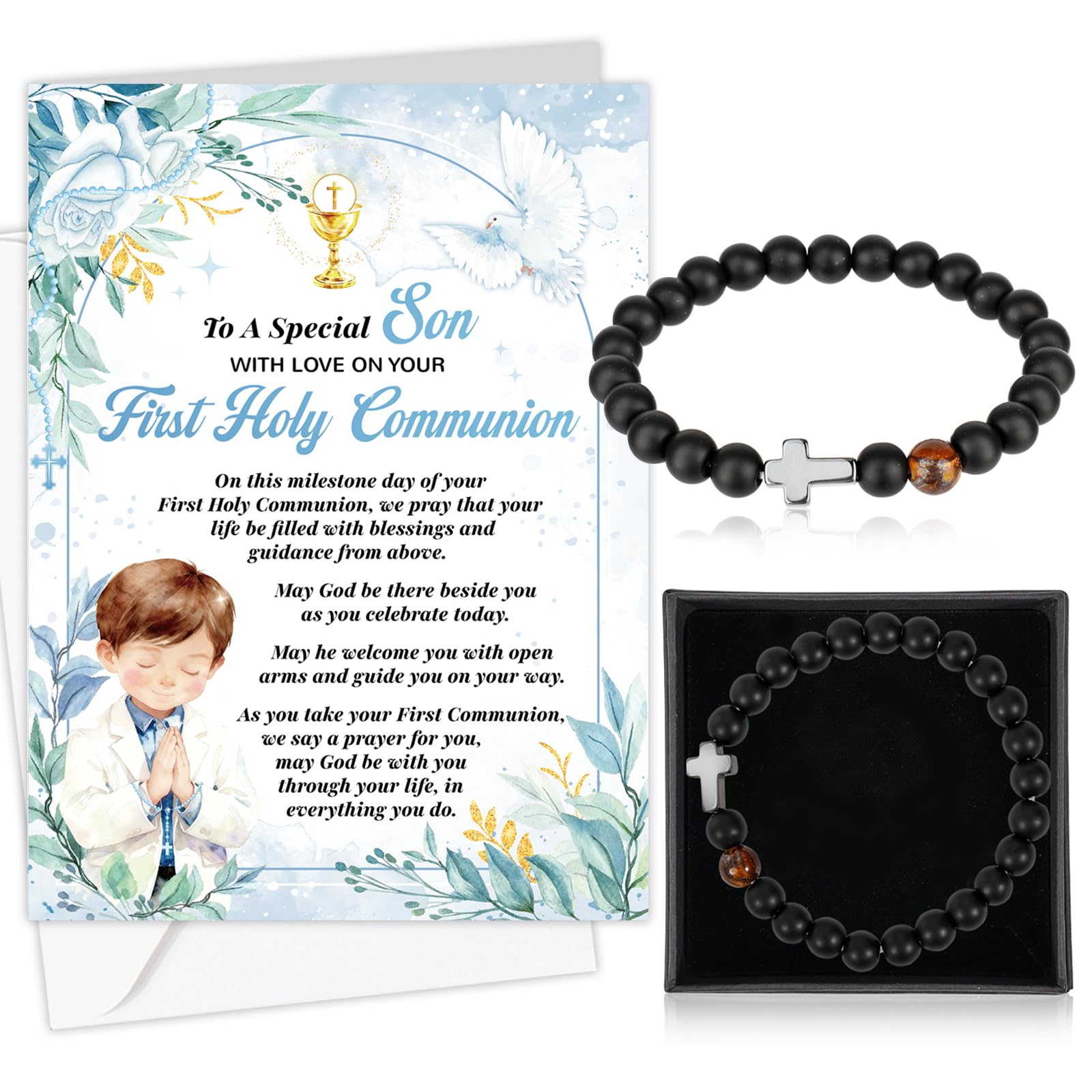 HOWAF First Holy Communion Card for Son, Congratulations Card & Black Natural Stone Cross Bracelet, Gift Box for 1st Holy Communion Gifts for Son โ image 1