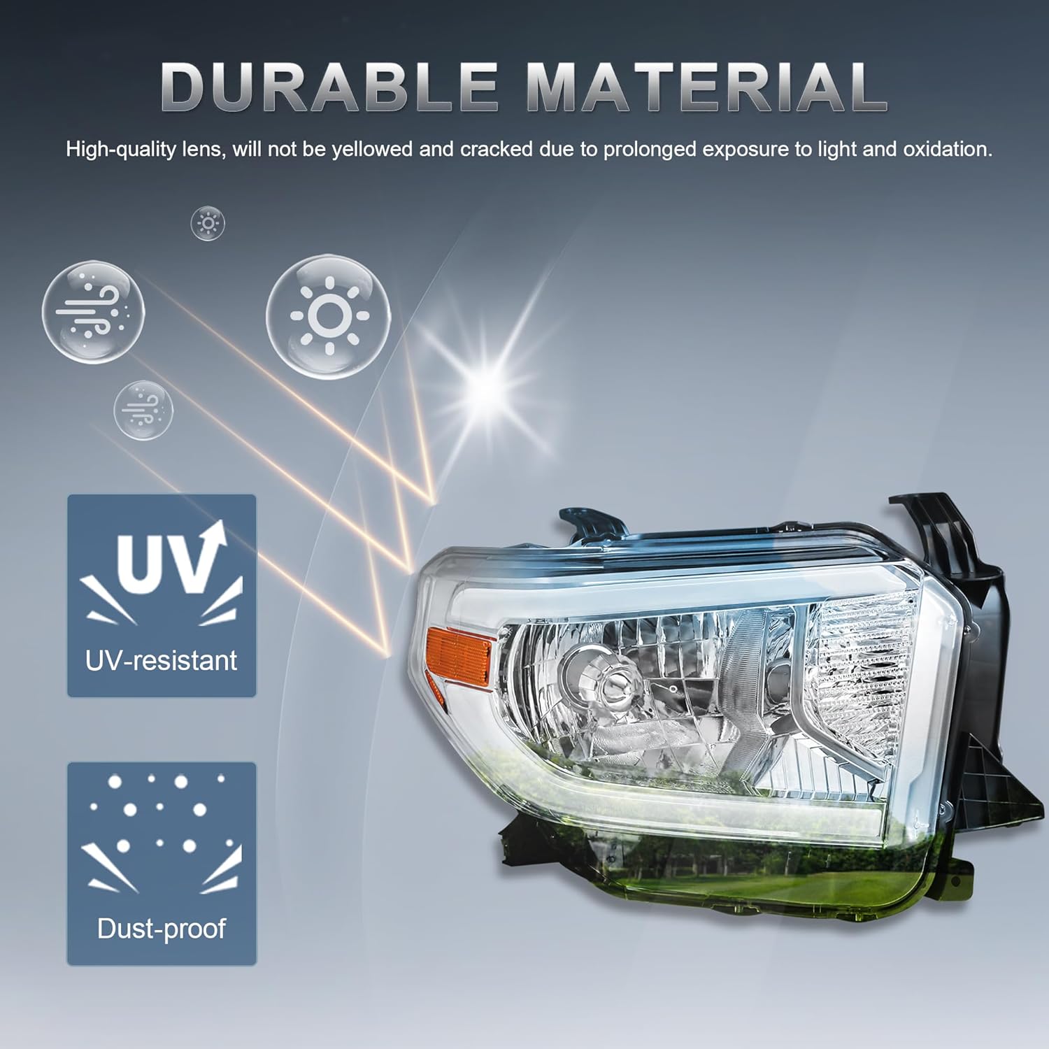 KUIPERAUTO Pair LED Reflector Headlights Assembly Compatible for 2014-2021 Toyota Tundra with LED DRL Tubes Front Lamps Chrome Housing/Clear Lens/Amber Corner
