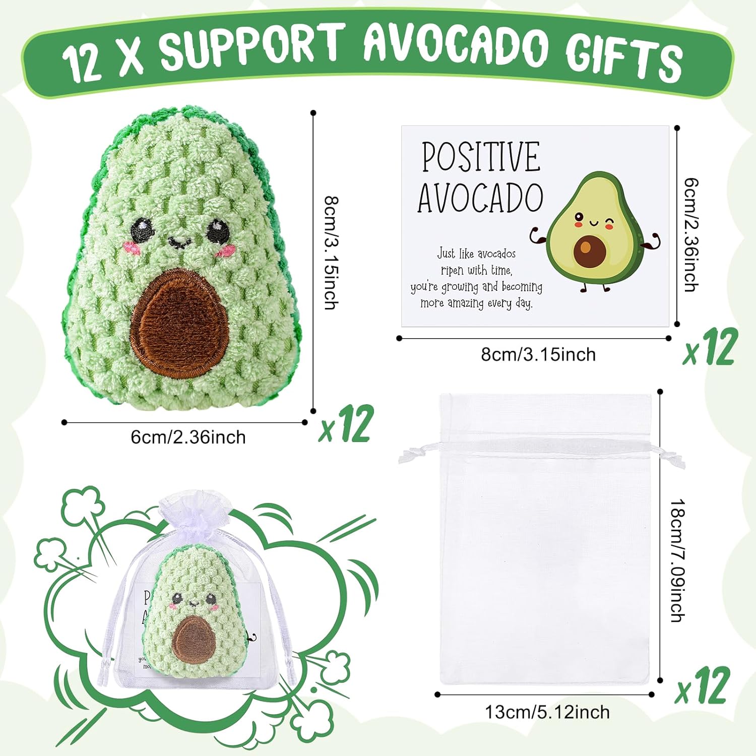 24 Sets Positive Funny Avocado Gifts Mental Health Emotional Avocado Included Handmade Crochet Doll with Inspirational Cards and Organza Bags Gifts for Employee Friend Family (Classic)