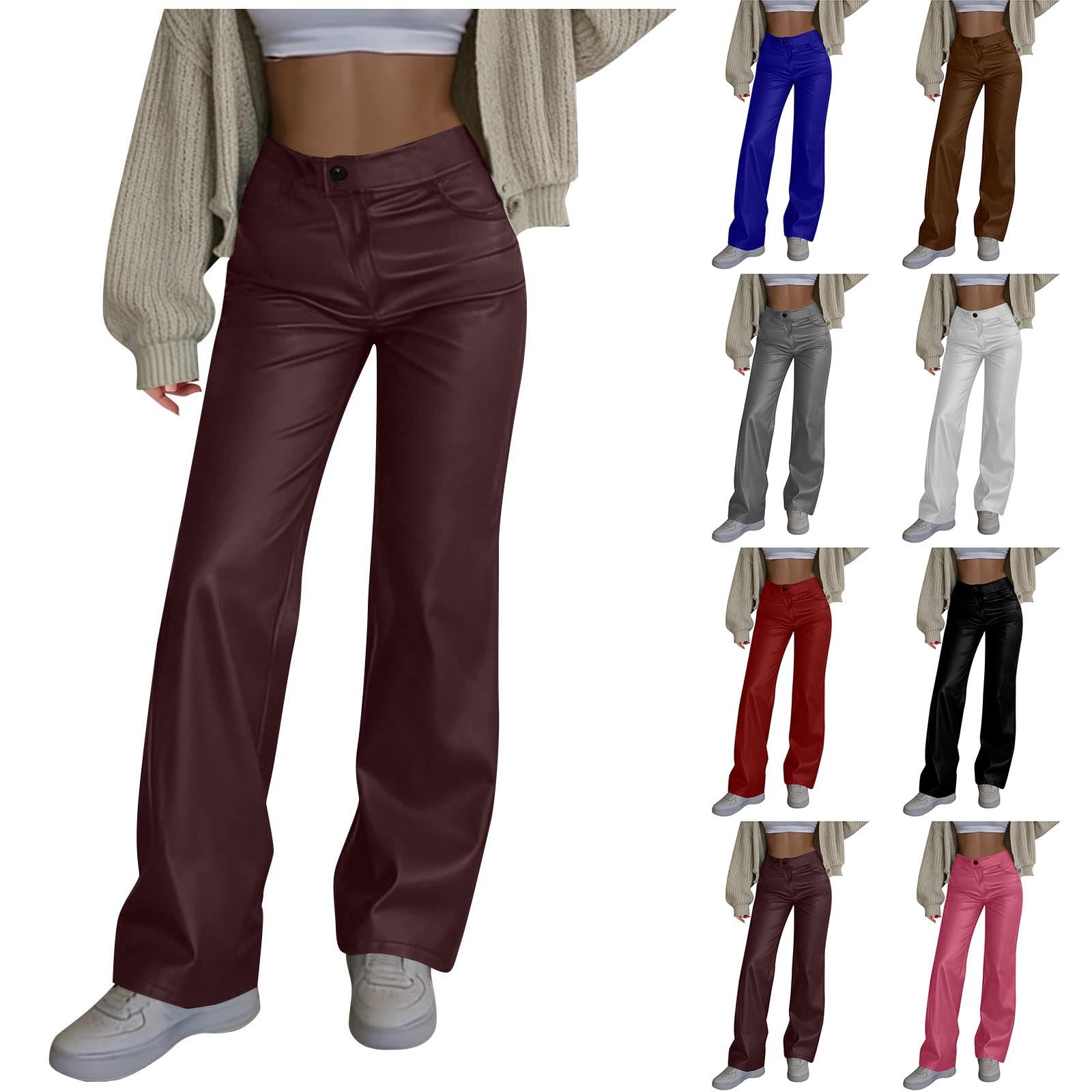 Leather Pants for Women High Waisted Straight Leg Pleather Pants with Pockets Stretch Pu Vegan Matte Pleather Trousers