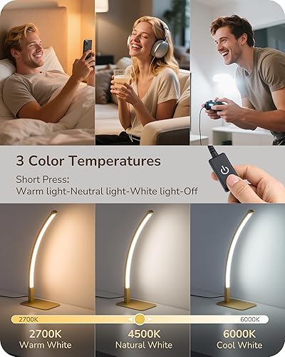 Miniatura 4 de EDISHINE Lámpara de mesa LED curva, moderna lámpara de noche con 3 temperaturas de color y atenuación continua, aluminio y hierro, lámpara de mesita