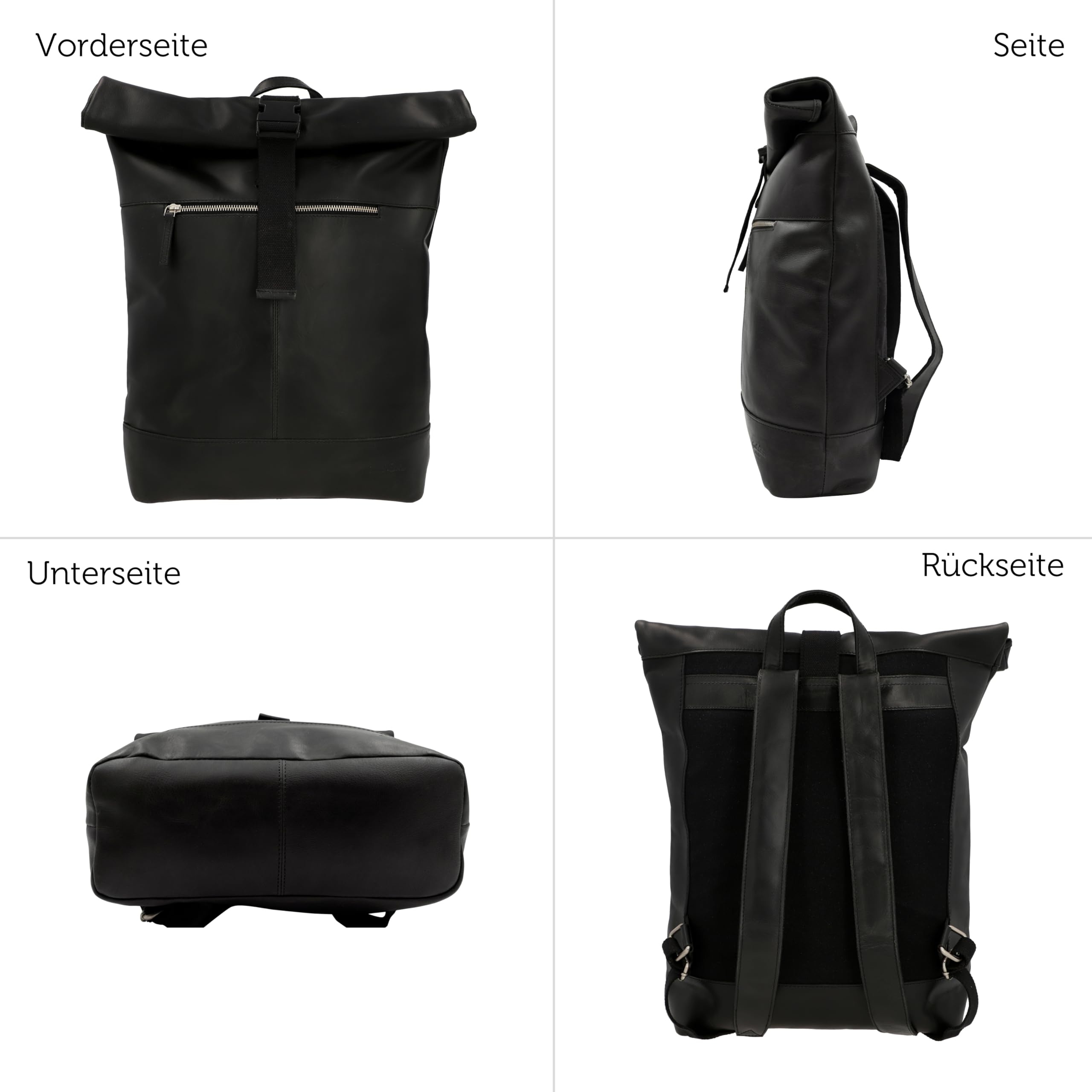 Gusti Leder Mattis Rolltop Rucksack Schwarz – Lederrucksack Herren Damen, Echtleder Vintage Backpack, Großes Fassungsvermögen, Laptop Rucksack