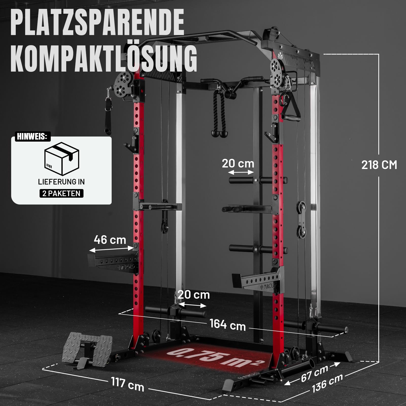 Power Cage, Power Rack mit Latzugstange, Kabelzugstation mit J-Hacken, Landmine, Band Peg, Battle Rope Seil, Squat Rack mit 680kg maximaler Belastung für das Heim-Fitnessstudio