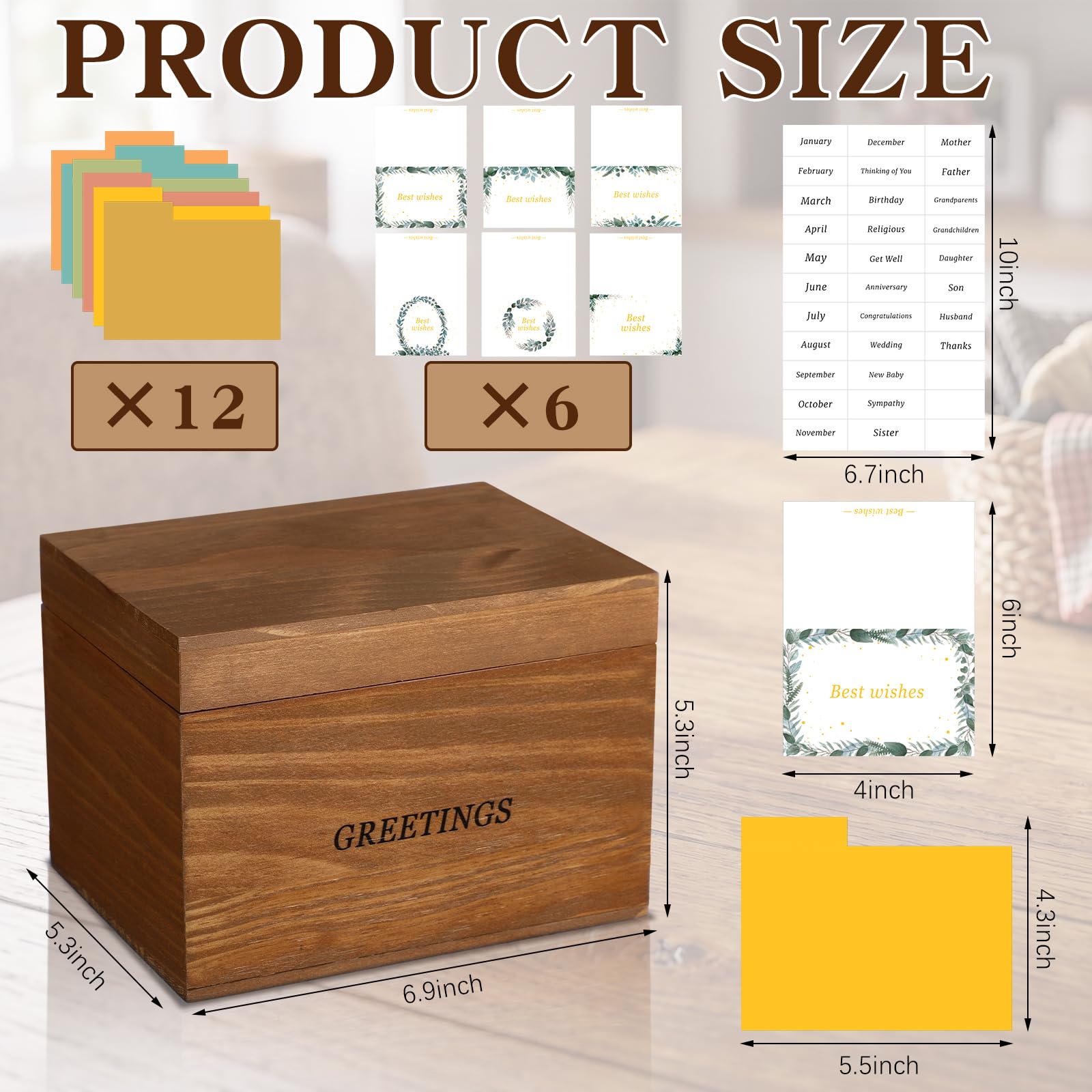 Novabright Grande scatola organizer in legno per biglietti di auguri, 17 x 13 cm, con 12 divisori, 6 biglietti di auguri, ricette, per cartoline, negozi di compleanno, fino a 300 ricette