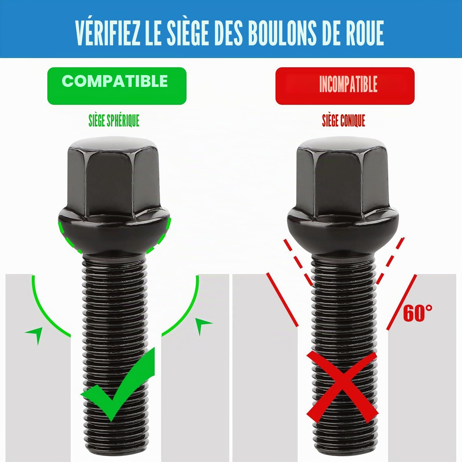20 Boulons de Roue Filetage 40 mm Pour Élargisseurs de Voie I M14x1,5x40 mm I Siège Sphérique R13 I CLÉ 17 mm I Compatibles avec Jantes OEM pour Audi et VW