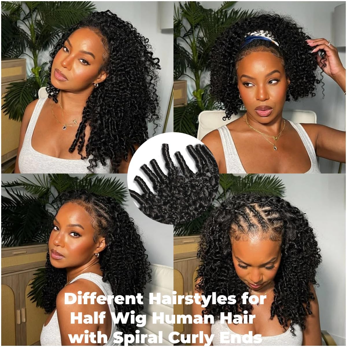 Half Wig Human Hair Burmese Curly Wear and Go Bez Kleju Ludzkie Włosy ze Spiralnymi Końcami 3 W 1 Bezszwowy Flip Headband Gęstość 180% Przyjazny Dla Początkujących Naturalny Czarny 14 Cali