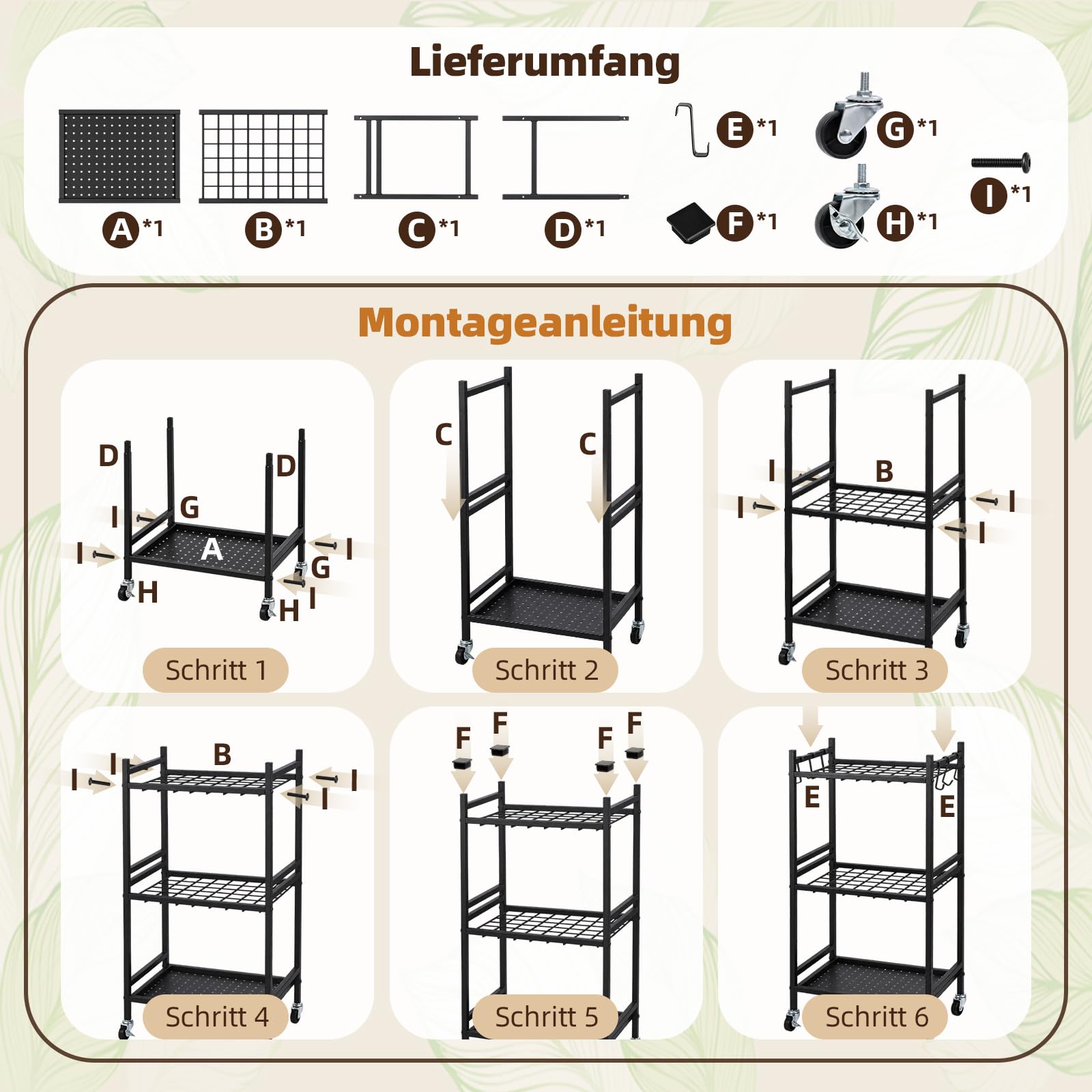 Gartenwerkzeughalter Freistehend mit Rollen, Werkzeug Organizer für Garage und Gartenhaus, Besenhalter aus Metall mit Haken