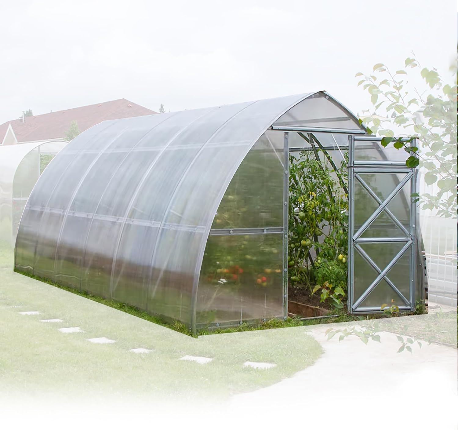 Polycarbonate Greenhouse Walk-in Green House Kit Garden Plants Grow,Large 4x3m Greenhouse with Galvanised Steel Frame 4mm Polycarbonate Panels 2 Doors 2 Windows Sturdy Plant House for Univer