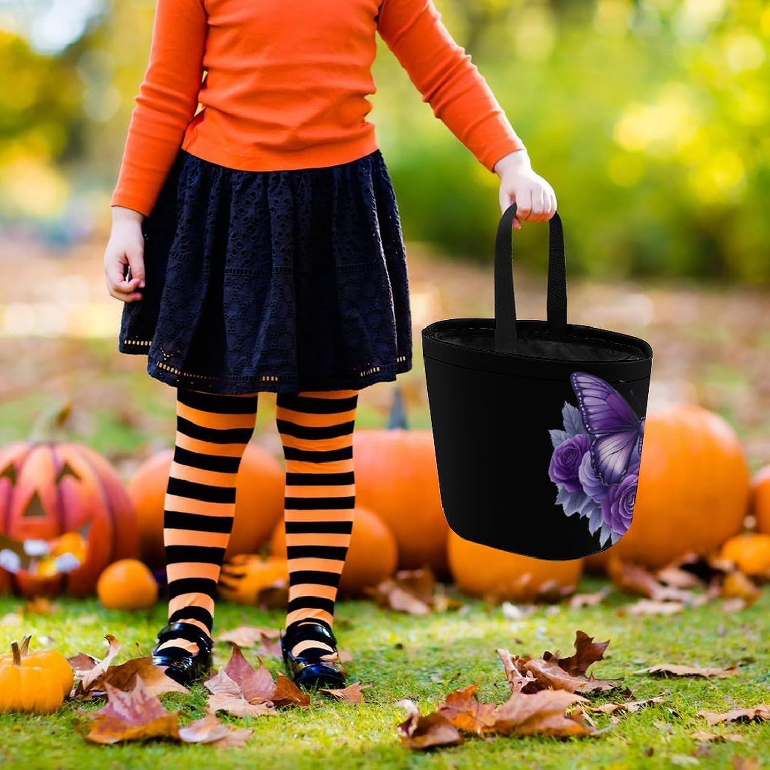 Beautiful Butterfly Purple Rose Halloween Treat Bag Reusable Candy Basket Tote Goody Bags Gift Party