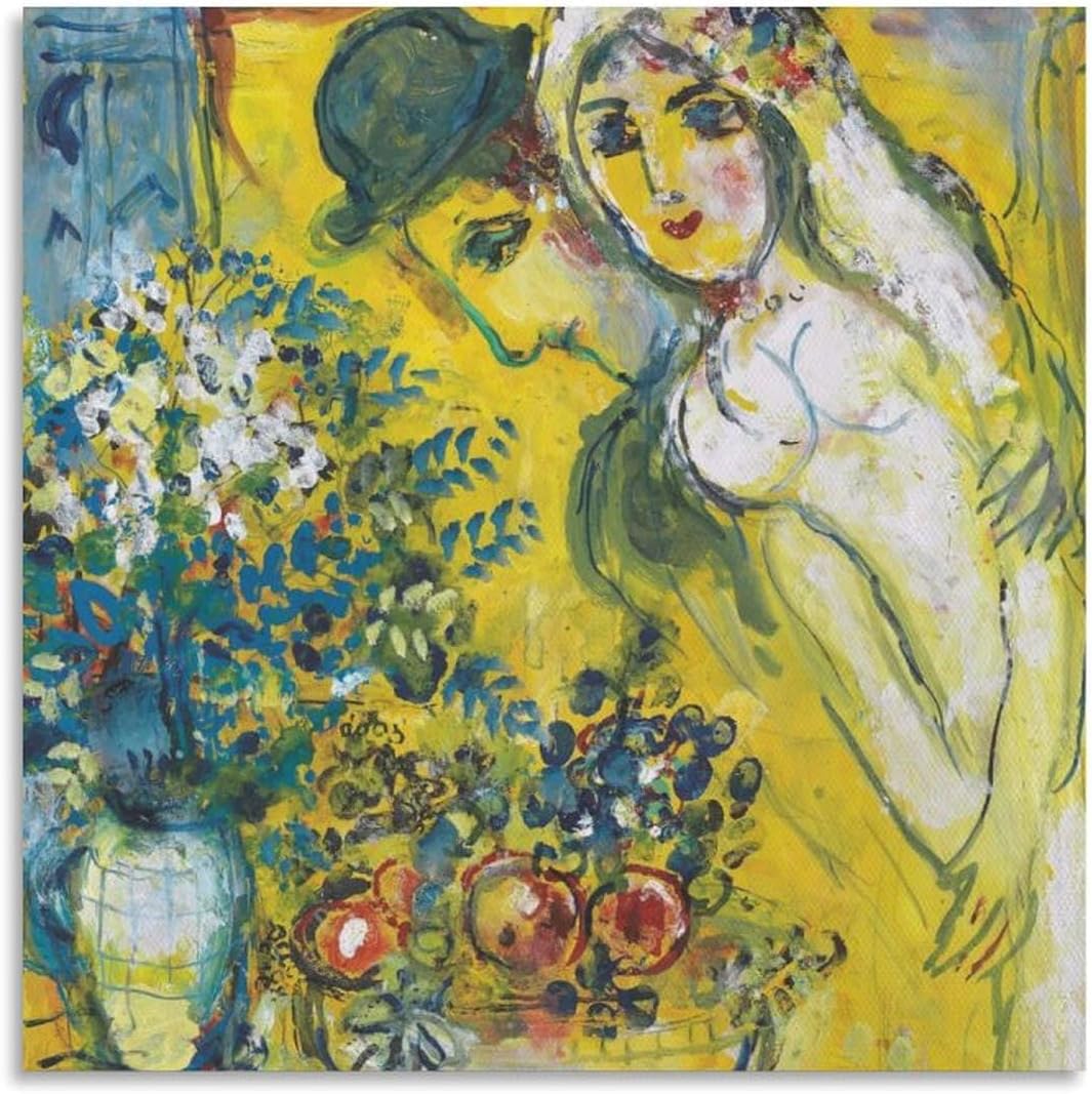 Orjdjz Wxkbl Marc Chagall Prints《Lovers on A Yellow》Canvas Wall Art Marc Chagall Poster Retro Painting Abstract Picture for Bathroom Wall Decor 50x50cm Frameless