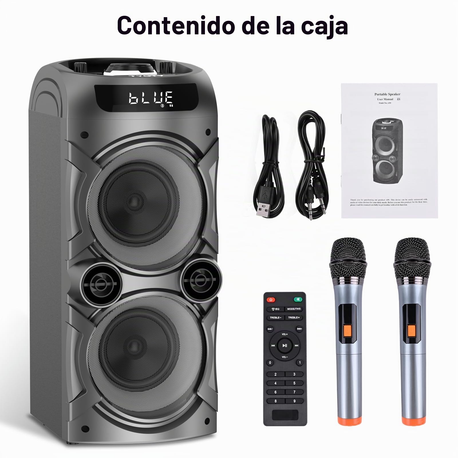 Sistema de karaoke con 2 micrófonos inalámbricos, sistema PA portátil Gran altavoz Bluetooth con luces LED, soporte de control remoto con ajuste de graves/agudos, tarjeta TF/USB