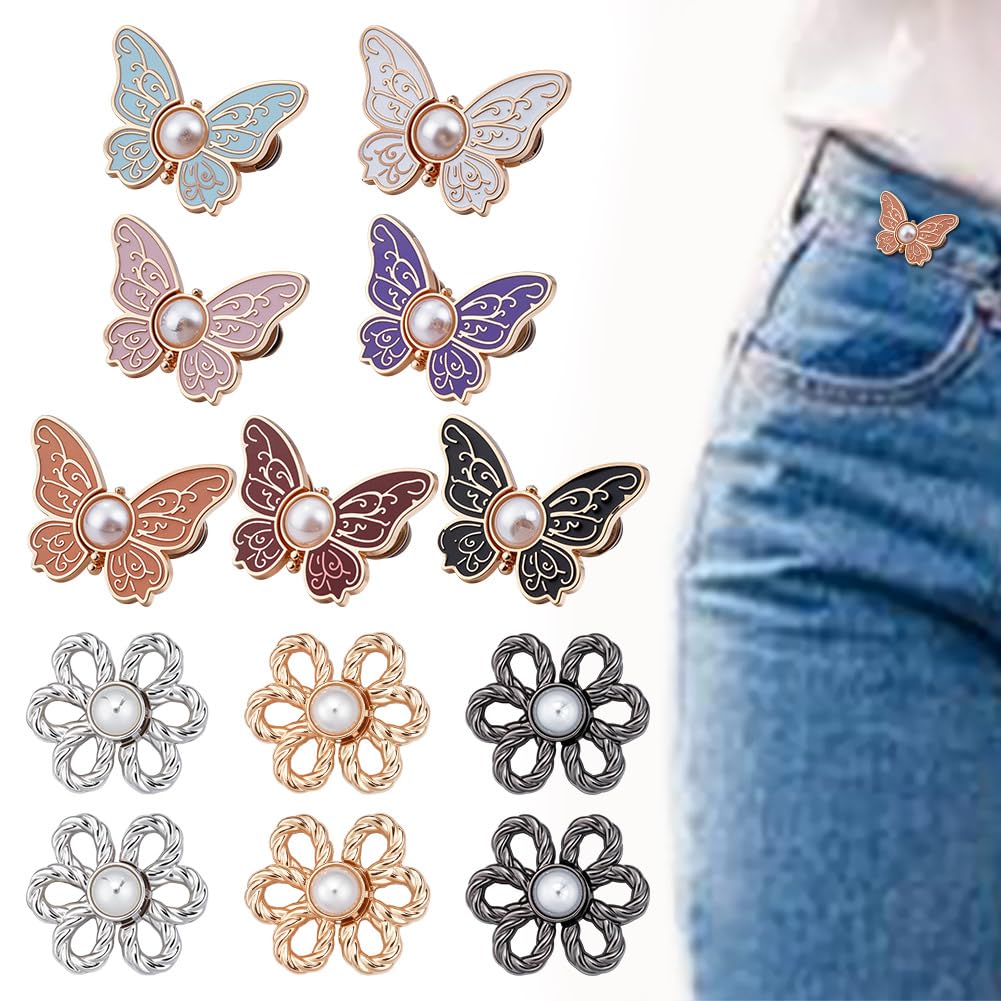Boutons de serrage papillon et fleur pour ajuster la taille des jeans et jupes - Lot de 13