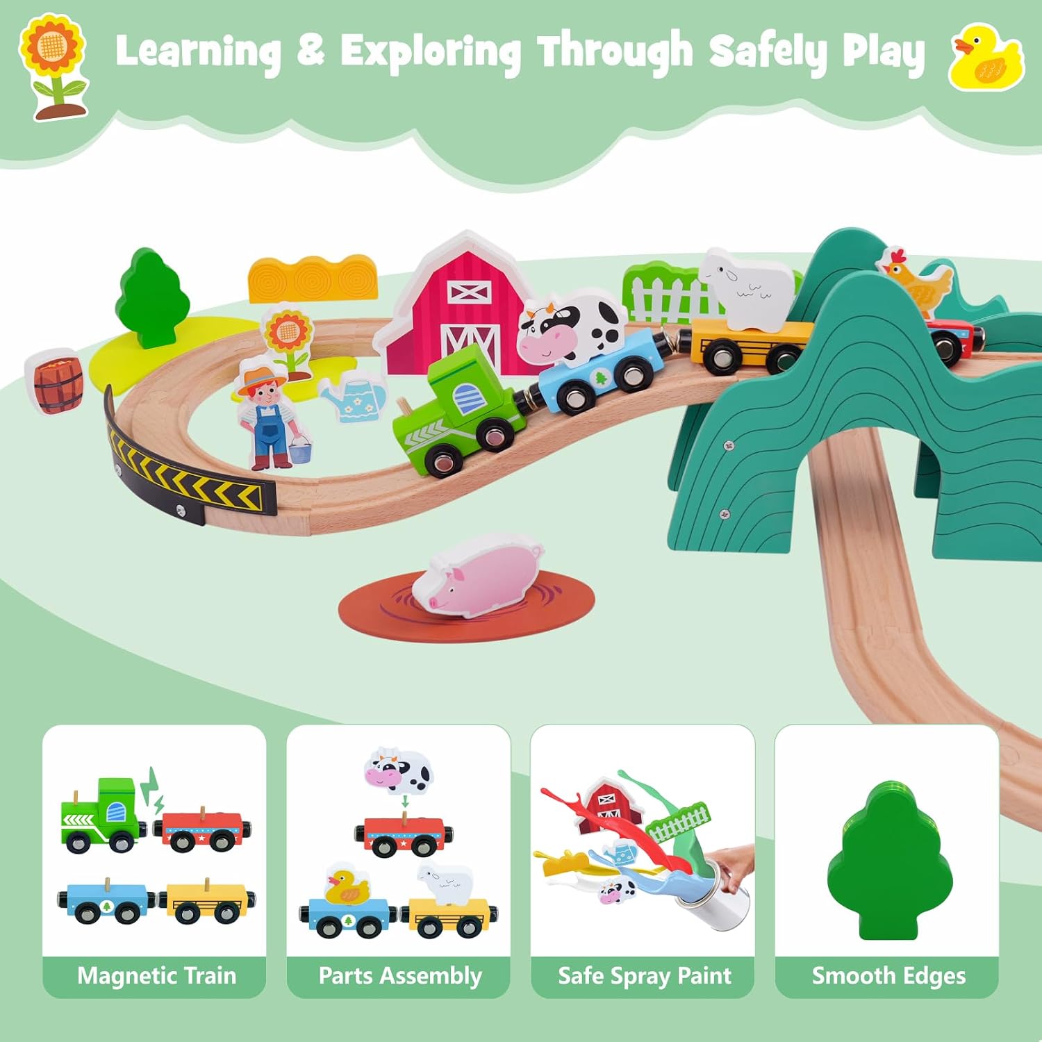 SIMPLIPLAY Wooden Train Set for Toddlers - 49PCS Farm Montessori Train Sets, Wooden Train Track for Toddlers 3-5 with Bridge & Cute Farm Animal Toys, Gifts for 3 4 5 Years Old Girls & Boys