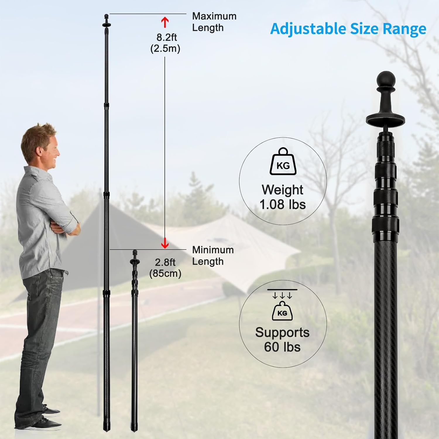 HIBLE Carbon Fiber Tarp Poles, 2 Sets of Black Camping Poles for Shelters, Tent, Canopy, Awning, Telescoping Tent Poles Extend Up to 8.2 Foot (Black, Tarp Poles Only)