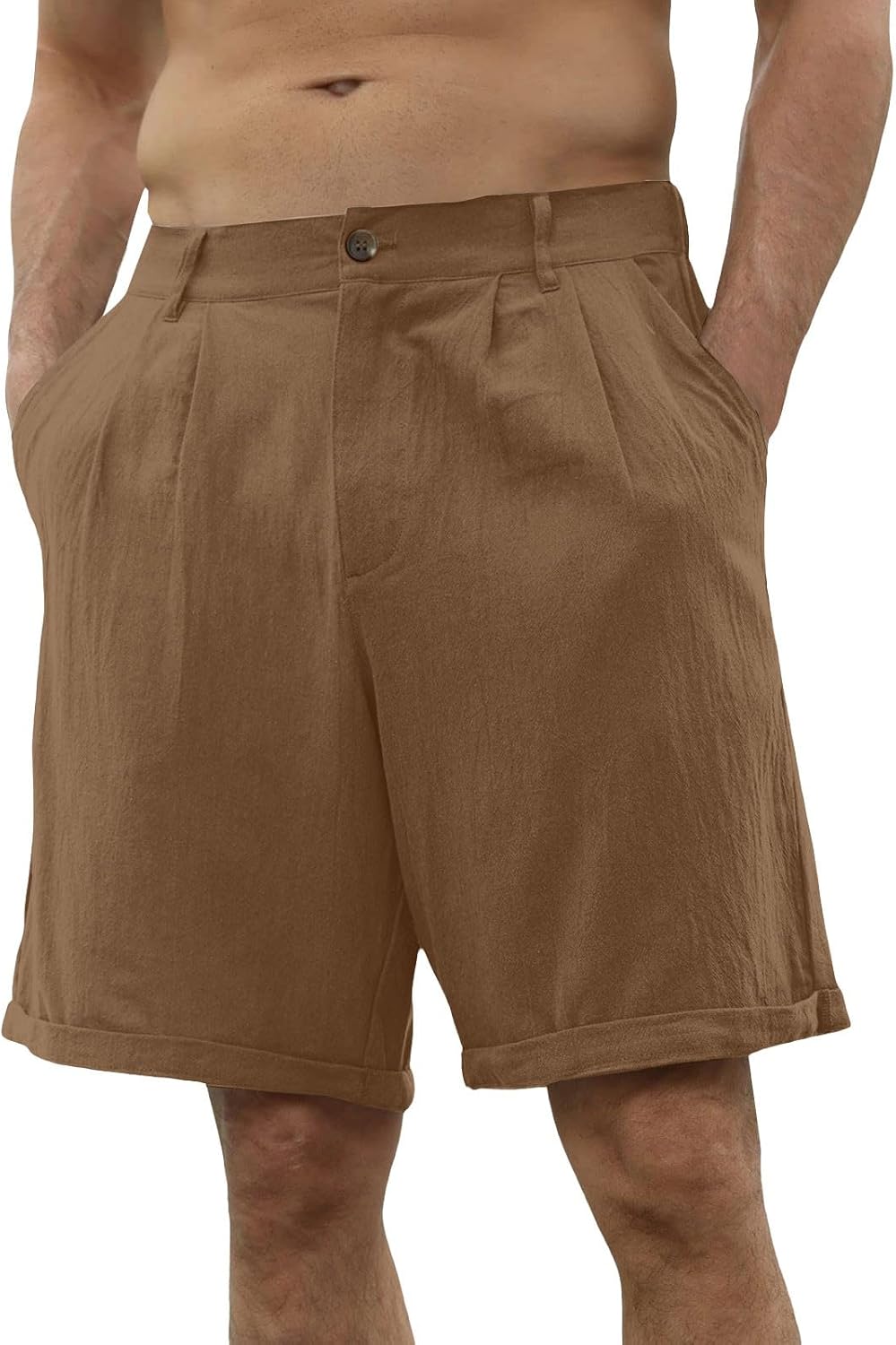 HJINGSUN Mens Linen Shorts Lightweight Breathable Comfort Summer Beach Party Pleated Shorts with Button Closure and Pockets