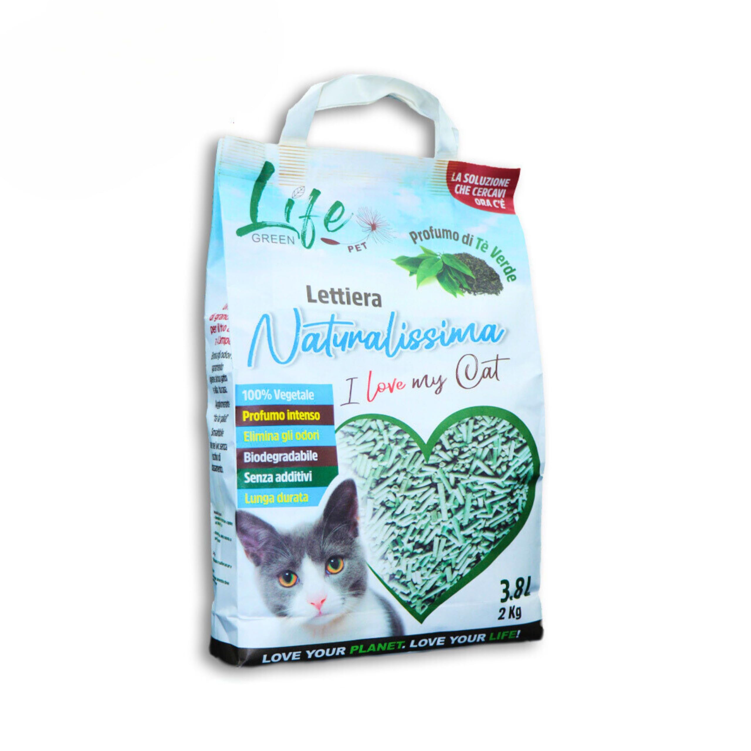 LifeGreen Lettiera Naturalissima per gatti 2 kg Tè Verde, con Fibra di Pisello e Amido di Mais, Vegetale, Biodegradabile, Agglomerante 3.8L, Elimina odori