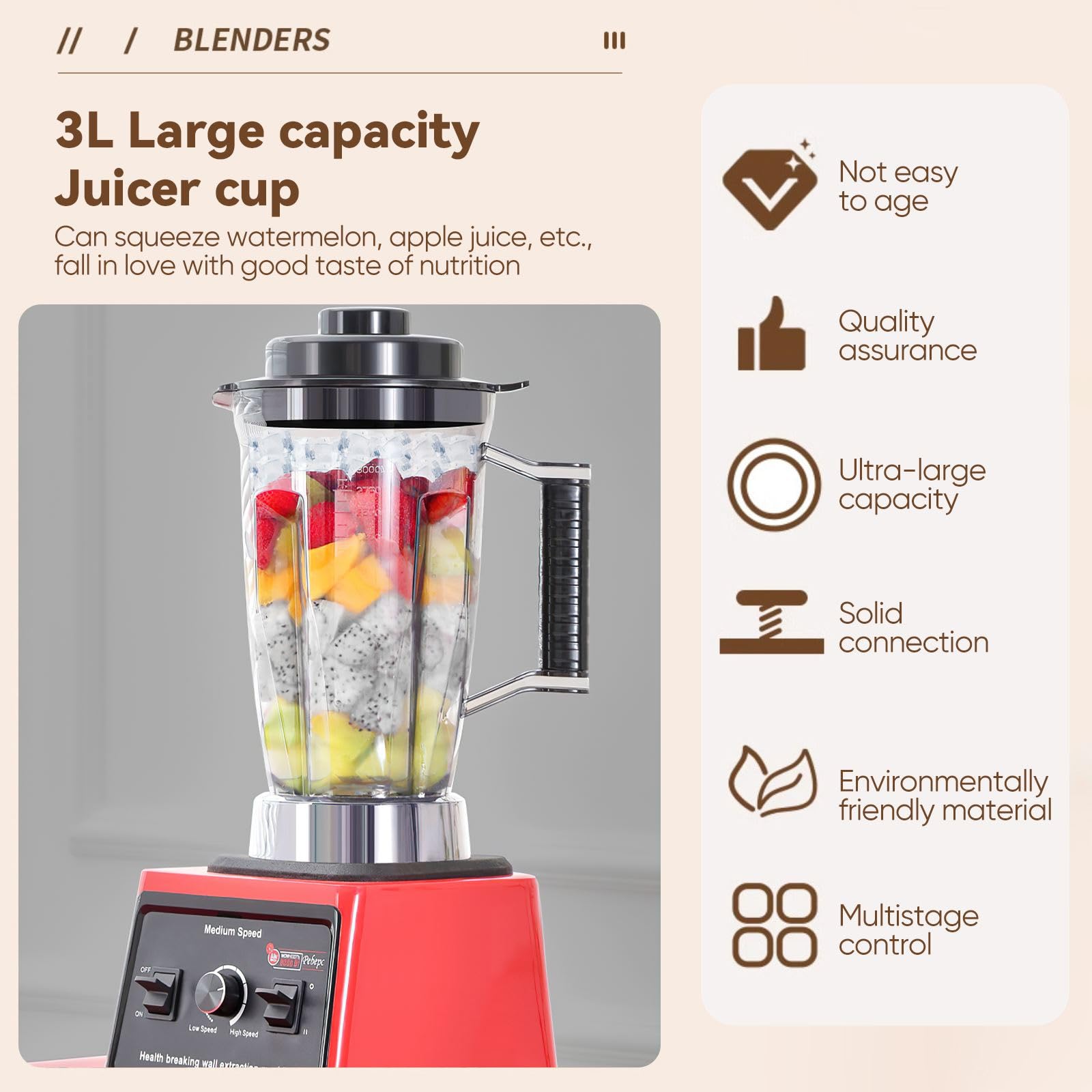 Batidora Profesional 3L,licuadoras para zumos y batidos, 3 Jarras,Cuchillas de Acero Inoxidable,15 Velocidades Ajustables,Batidora para Batidos, Granizados y Frutas (3 en 1 Rojo)