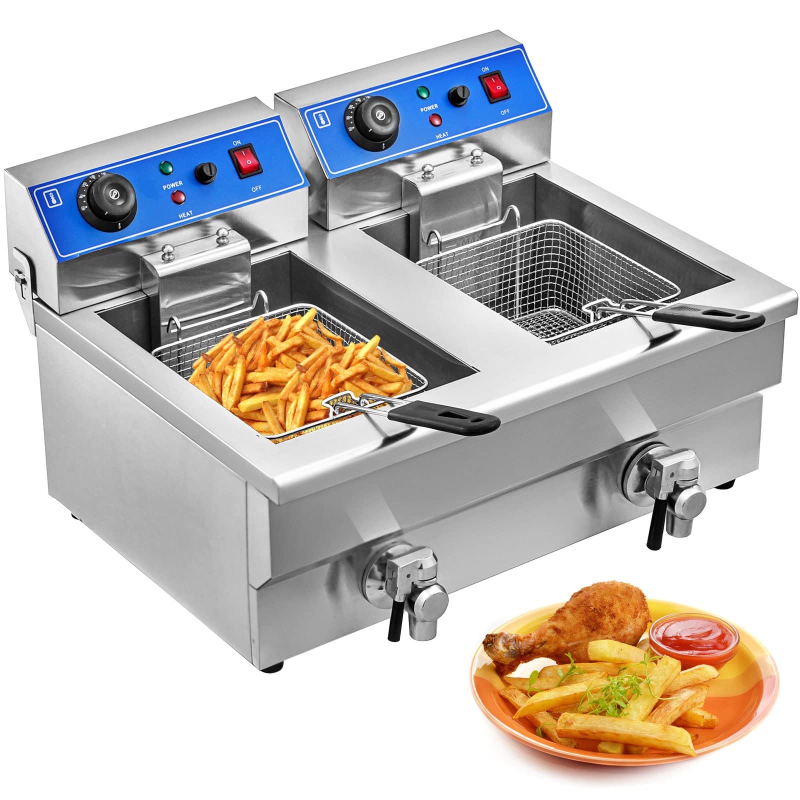 Friggitrice elettrica professionale fritte 6000 W 20 L doppio serbatoio + 2 rubinetti, in acciaio inox, per uso commerciale ristoranti supermercati fast foods snack bar