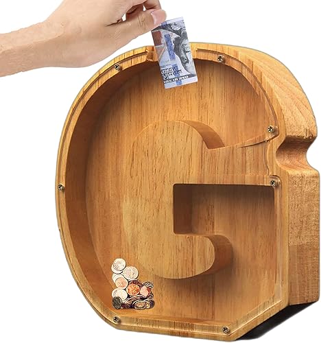 Miniatura 17 de Alcancía para niños y niñas, hucha grande de 26 letras del alfabeto inglés, madera personalizada, caja de ahorro de dinero con nombre personalizado