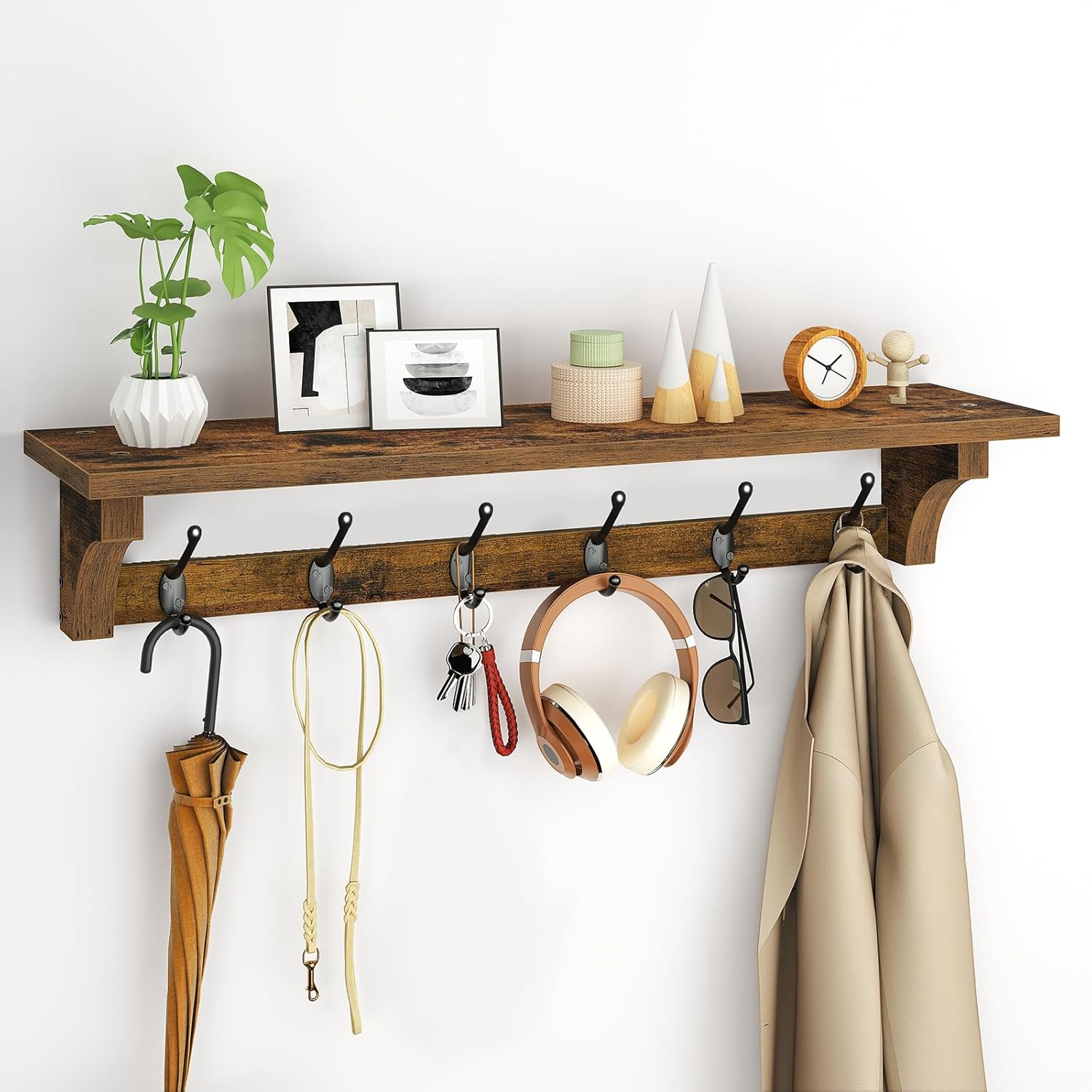 Coat Rack Wall Mount Shelf, 29" Long Entryway Shelf with 6 Hooks, Coat Hangers for Living Room, Farmhouse Wooden Wall Floating Shelves for Bathroom, Bedroom, Kitchen, Rustic Brown 7401BJBF