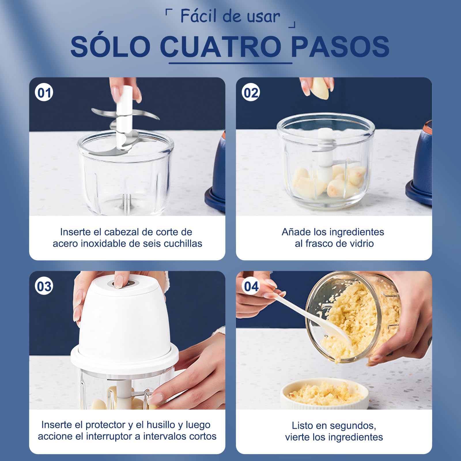 Picadora de cebolla, picadora de cocina, 350 ml, 6 cuchillas de acero inoxidable, con cable de carga tipo C para cocina casera y acampadas, apta para picar carne, cebolla y pimientos (blanca)