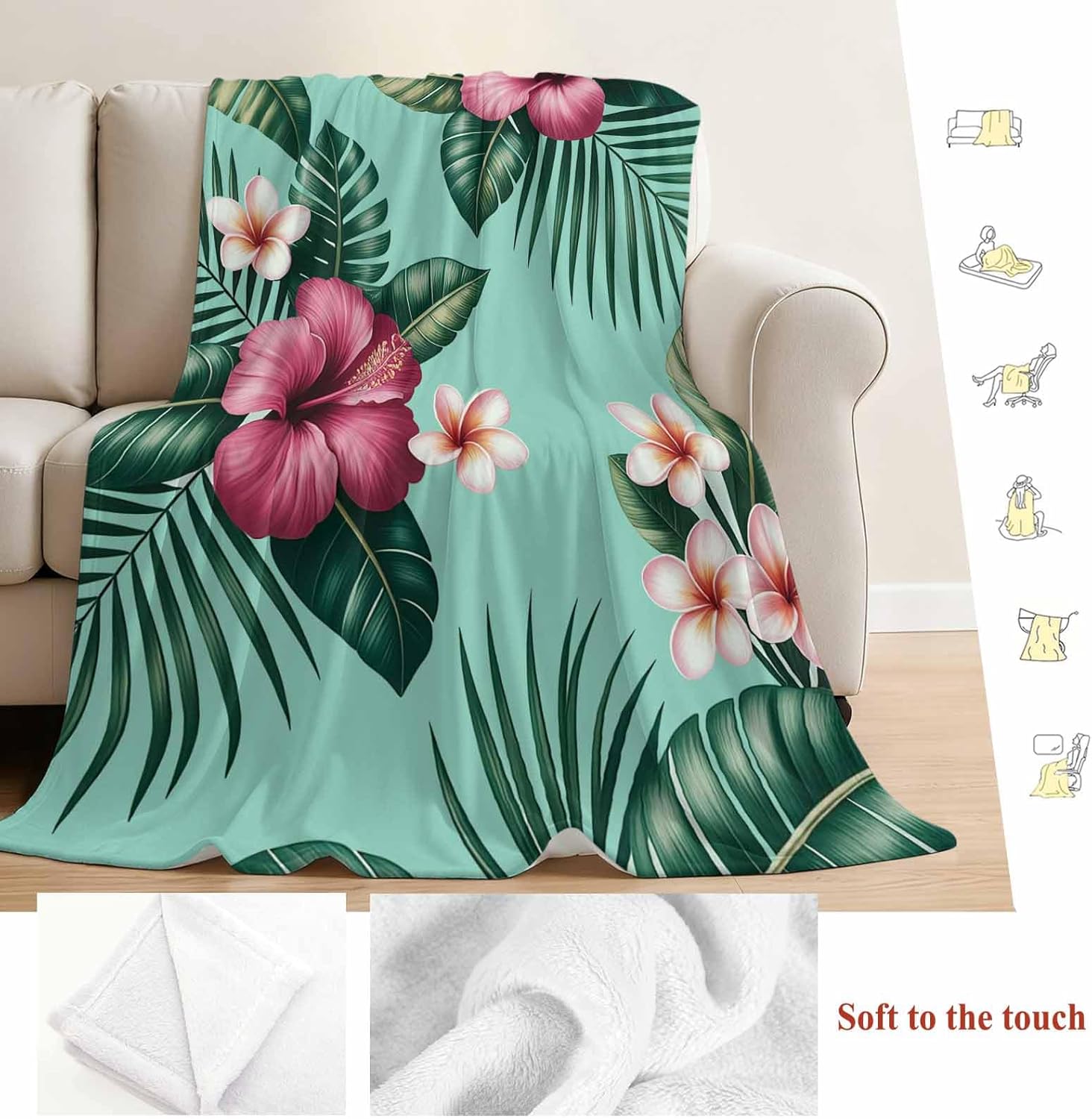 Ultra Soft Flannel Fleece Bed Blanket Tropical Flowers Hibiscus Throw Blanket All Season Warm Fuzzy Light Weight Cozy Plush Blankets for Living Room/Bedroom 60" x 80" - Image 6