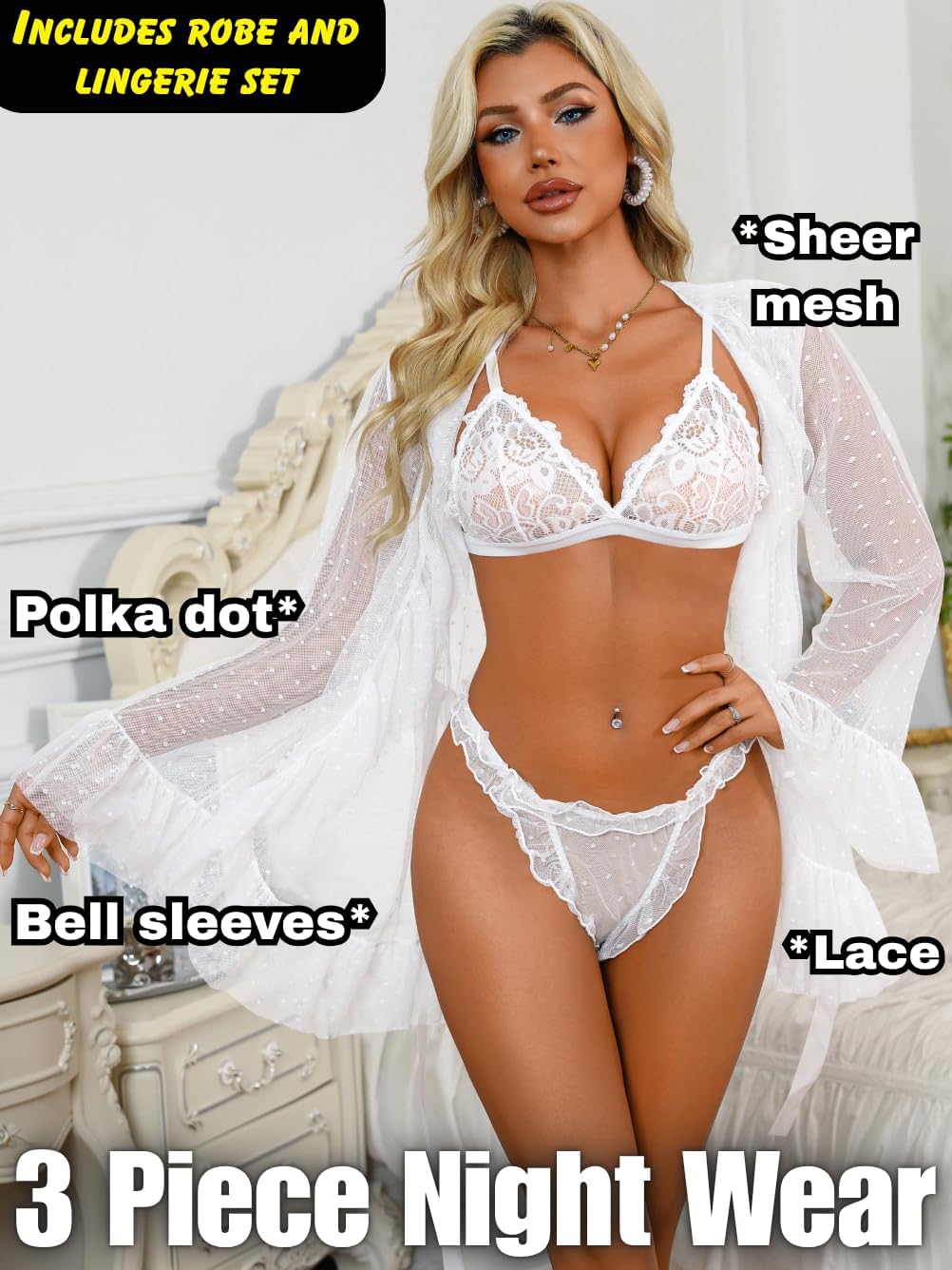ChiaoLezhee Women's Sexy 3 Piece Lingerie Set, Layered Ruffle Sheer Babydoll Robe with Lace Bra and Panty Set